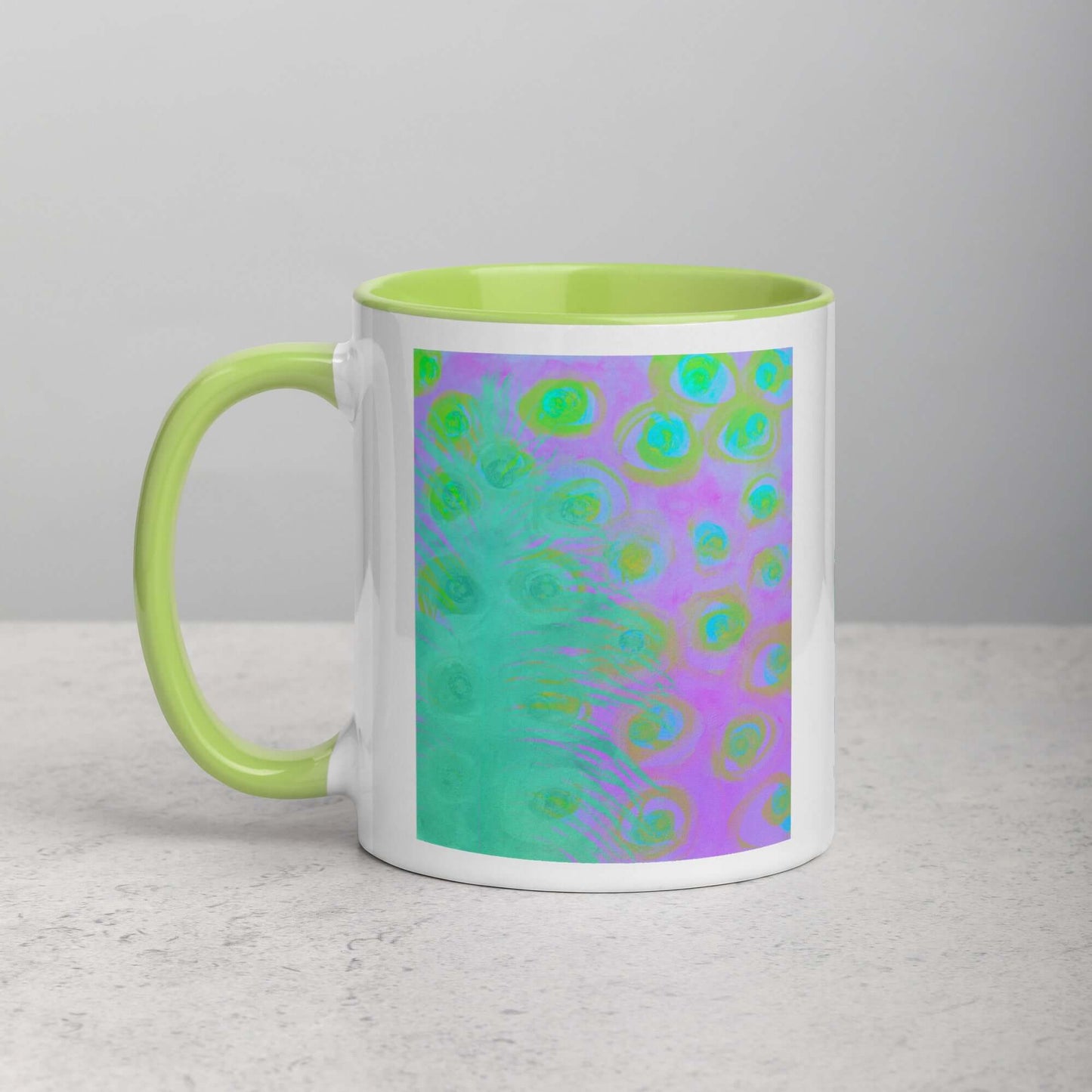Mint Green Ostrich Feather on Purple Background “Mint Julep” Abstract Art Mug with Lime Green Color Inside Left Handed Front View