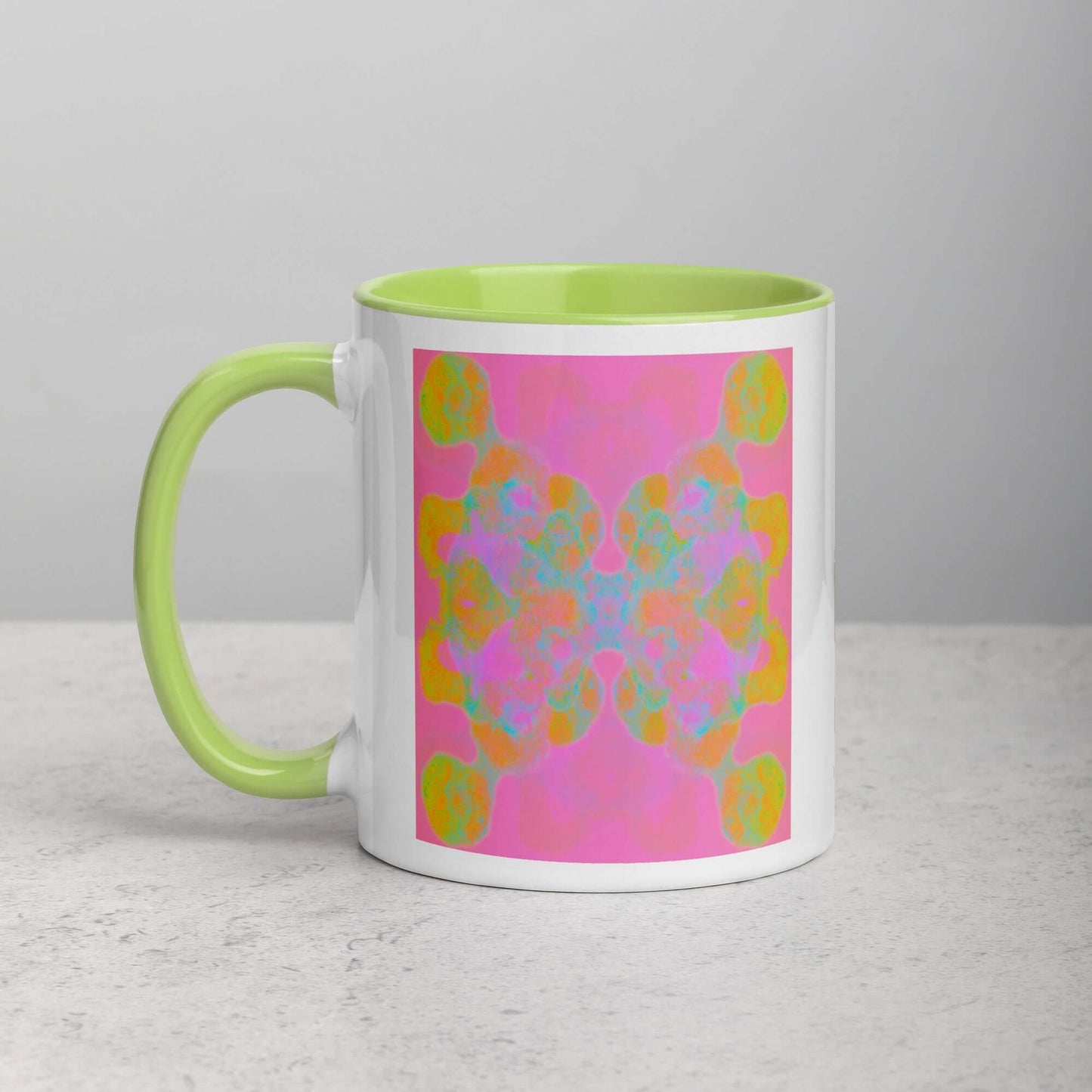 Colorful Abstract Butterfly Shape on Pink Background “Double the Fun” Abstract Art Mug with Lime Green Color Inside Left Handed Front View