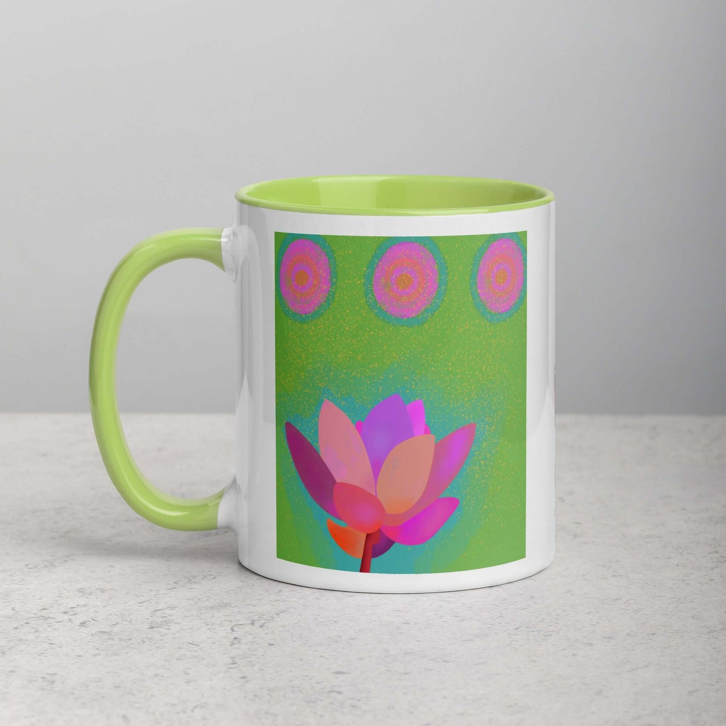 Pink Lotus Flower on Green Background “Lotus Dots” Mug with Lime Green Color Inside Left Handed Front View