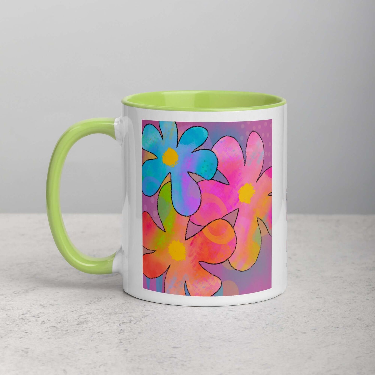 Big Colorful 1960s Psychedelic “Hippie Flowers” Mug with Lime Green Color Inside Left Handed Front View