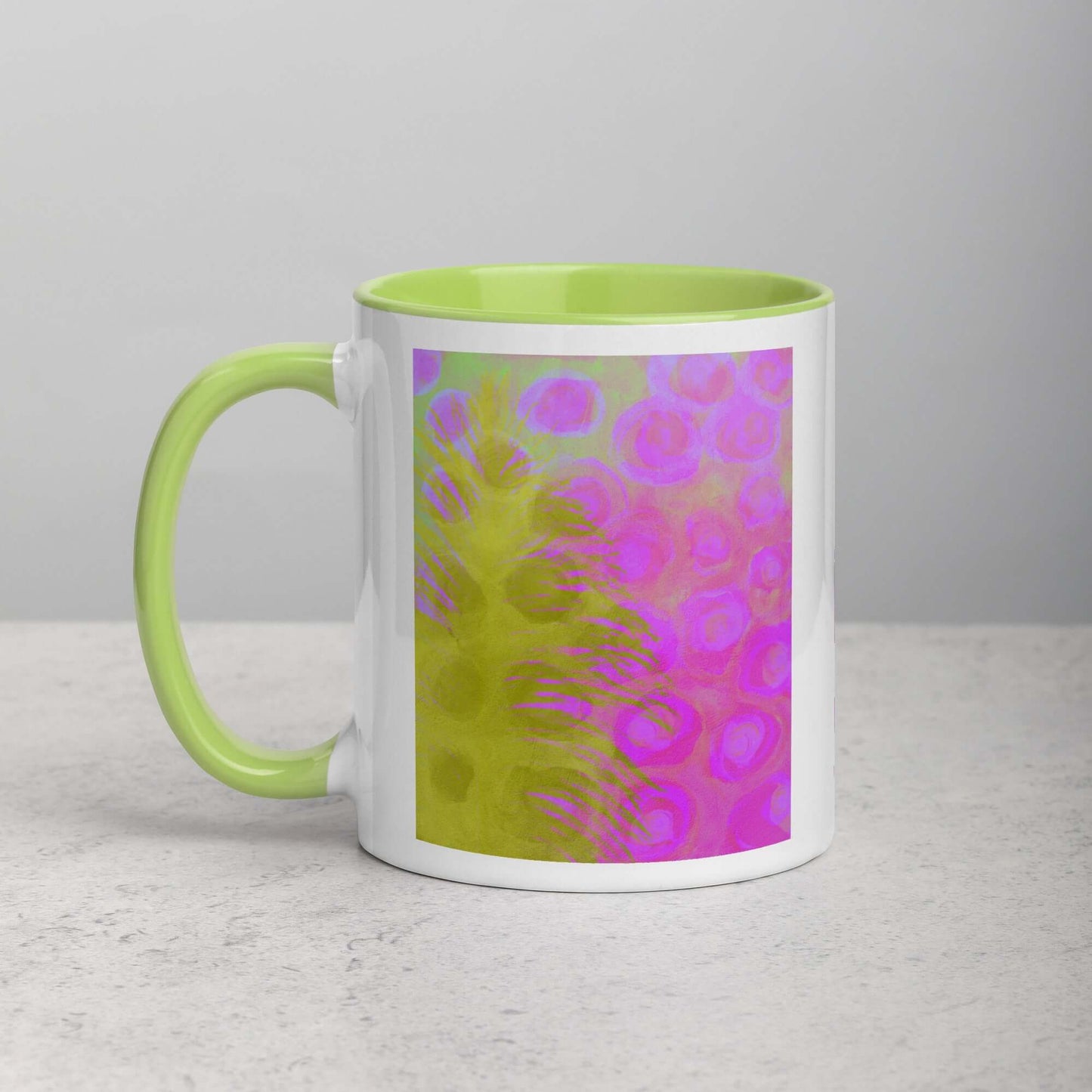 Olive Green Ostrich Feather on Pinkish-Purple Background “Olivine” Abstract Art Mug with Lime Green Color Inside Left Handed Front View