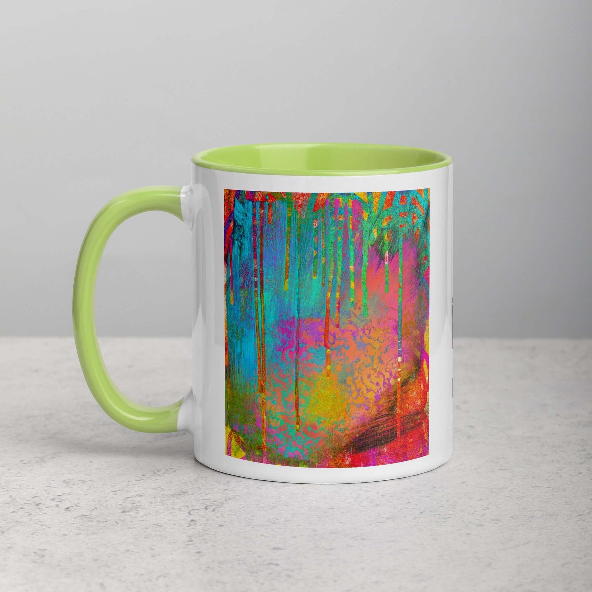 Paint Drips on Colorful Background “Into the Beyond” Abstract Art Mug with Lime Green Color Inside Left Handed Front View