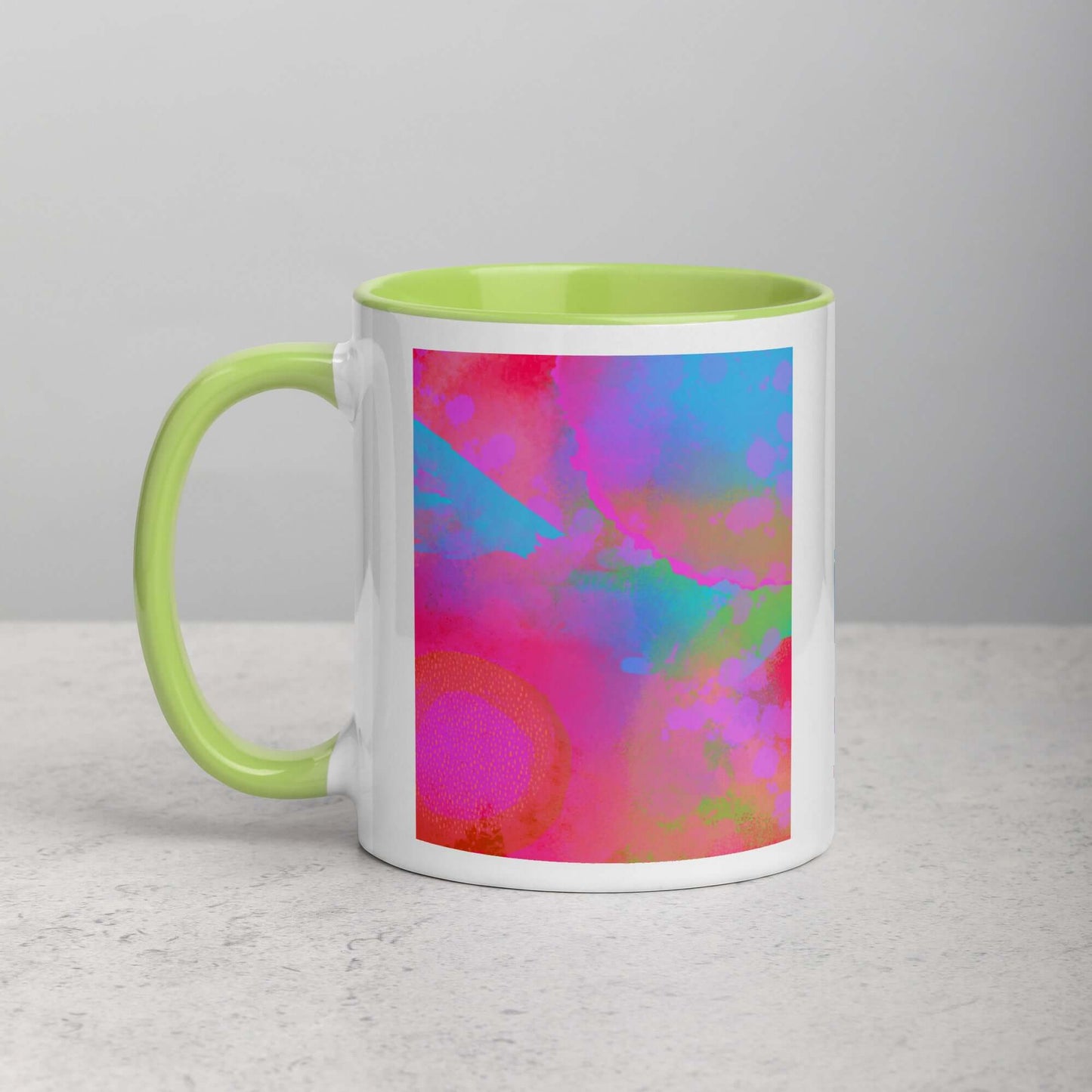 Hot Pink Intergalactic “Between Worlds” Abstract Art Mug with Lime Green Color Inside Left Handed Front View