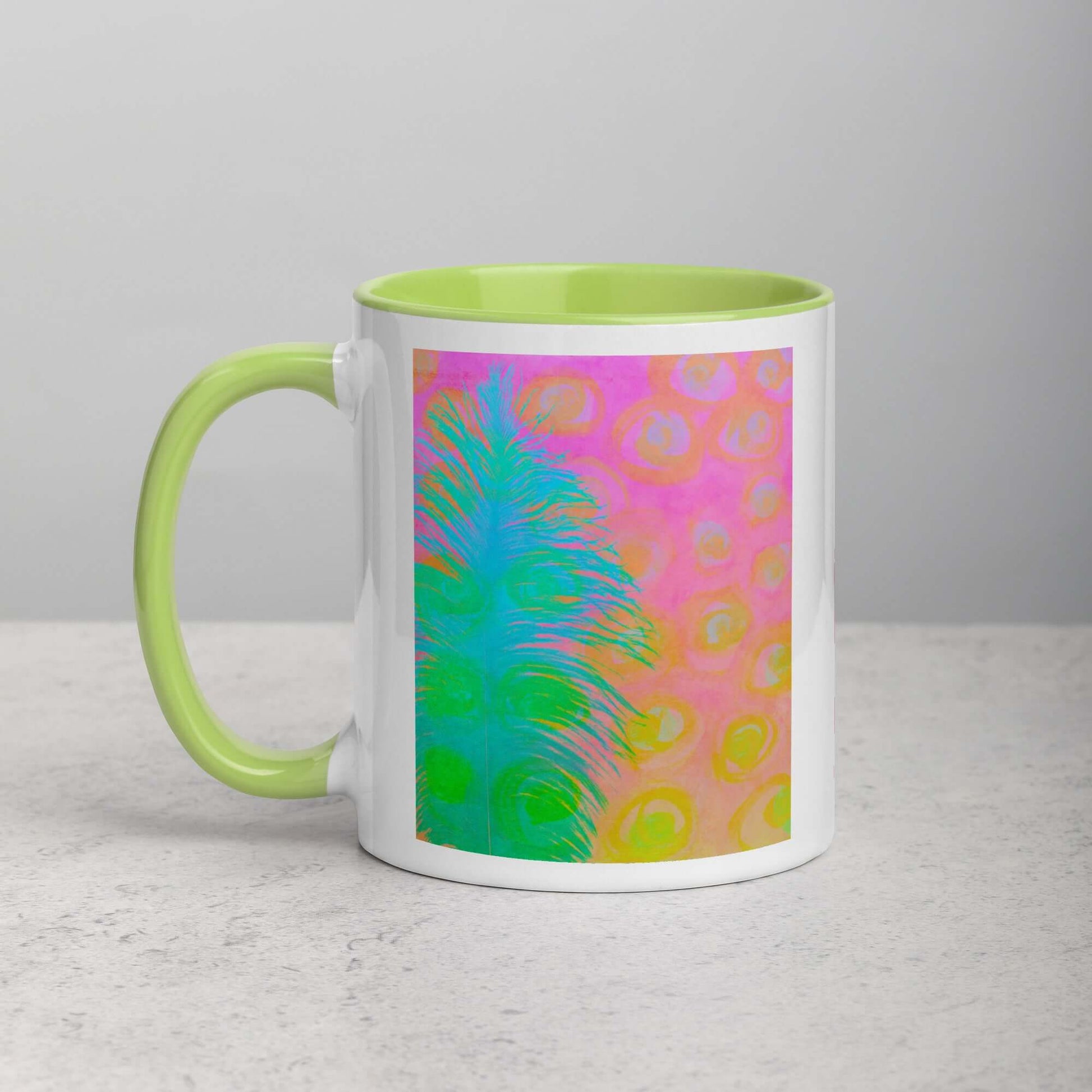 Bright Blue-Green Ostrich Feather on Pink and Yellow Background “My Other Half” Abstract Art Mug with Lime Green Color Inside Left Handed Front View