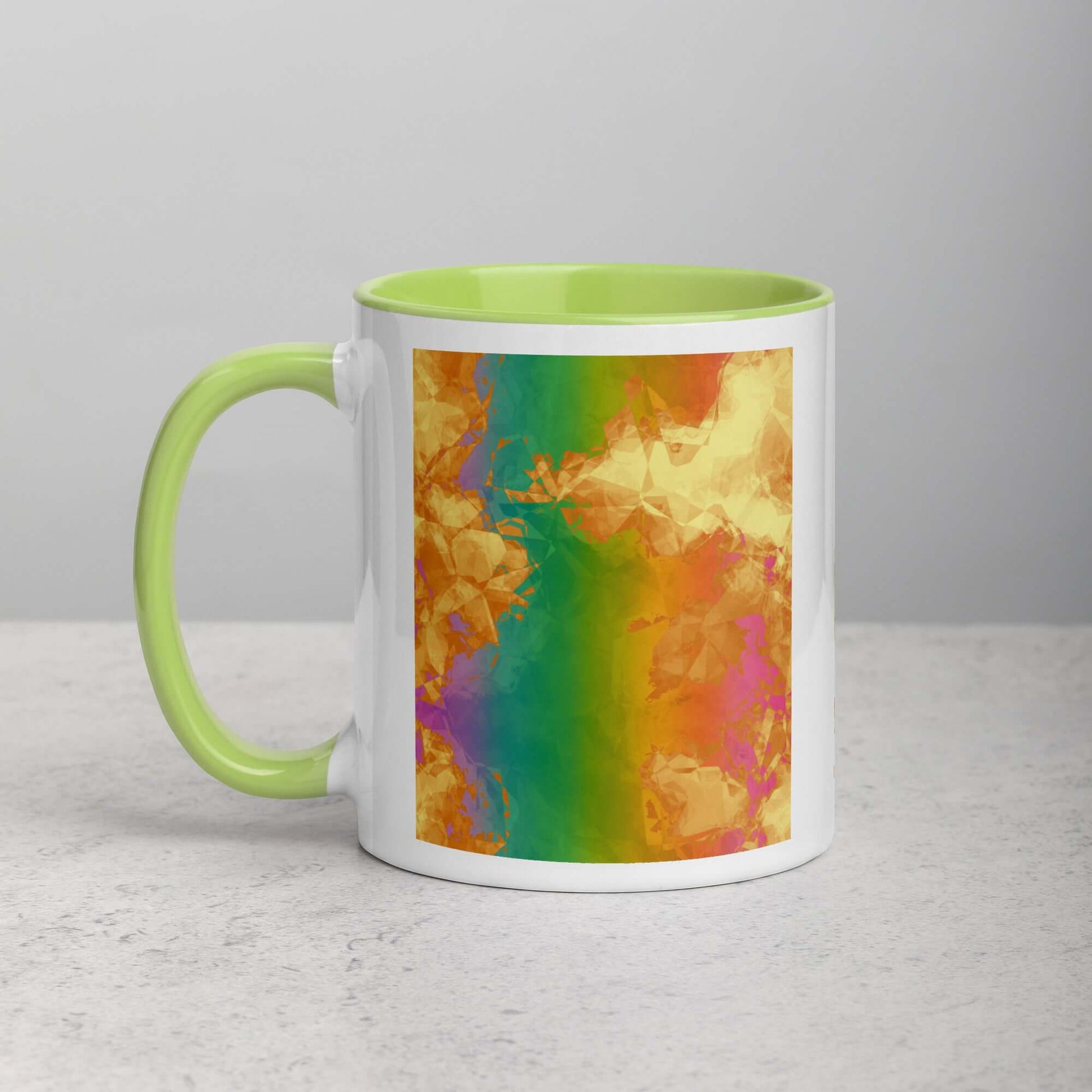 Fiery Rainbow “Rainbow Geode” Abstract Art Mug with Lime Green Color Inside Left Handed Front View