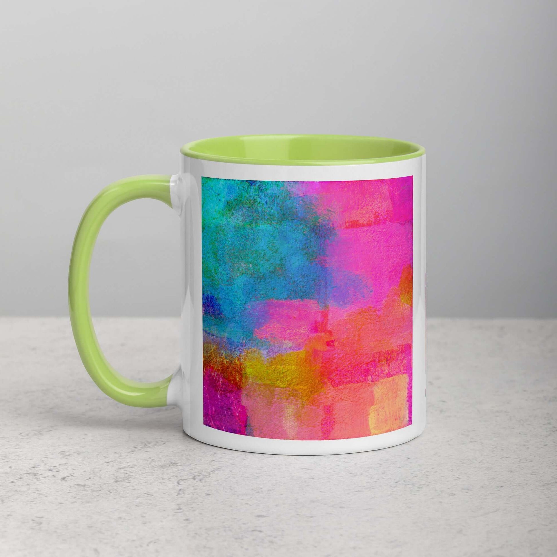 Bold Pink and Blue “Monaco” Abstract Art Mug with Lime Green Color Inside Left Handed Front View