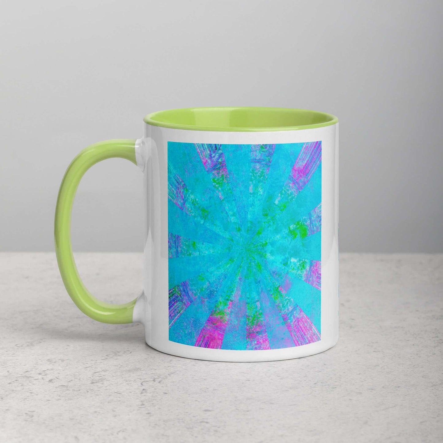 Turquoise Blue with Purple Radial “Blue Stingray” Abstract Art Mug with Lime Green Color Inside Left Handed Front View