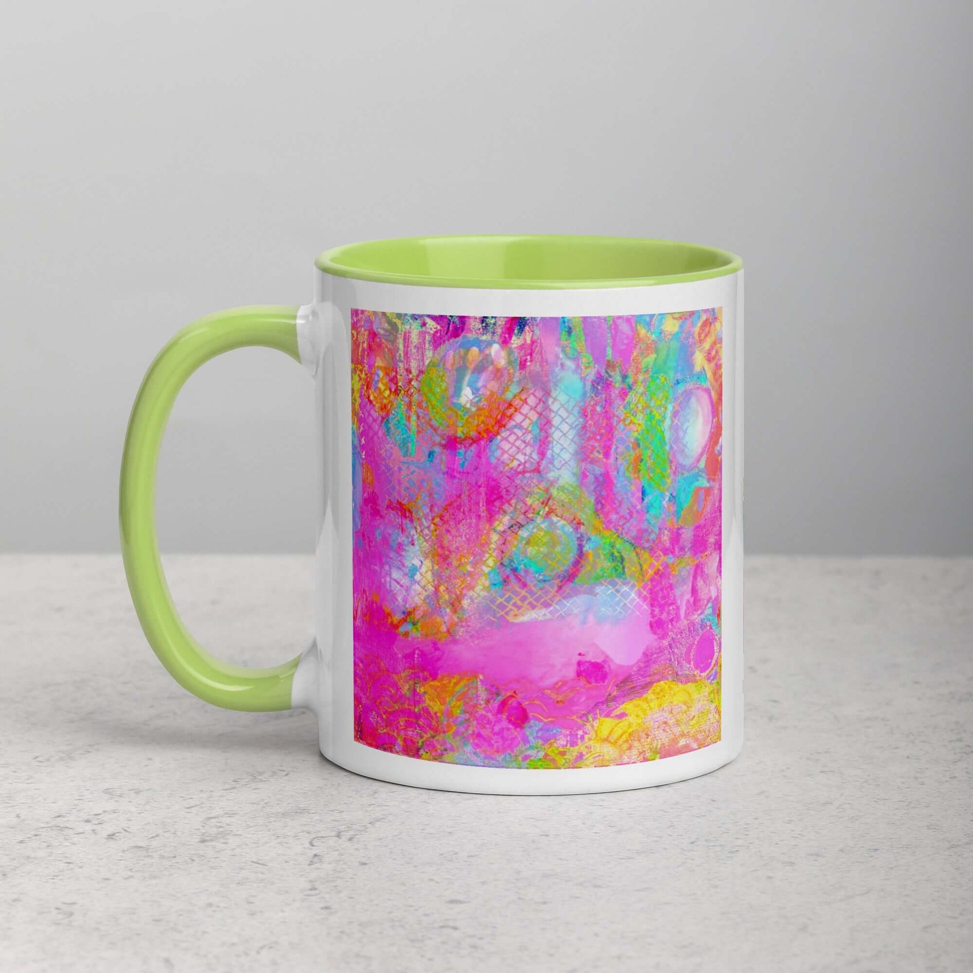  Drippy Pink “Candyland” Abstract Art Mug with Lime Green Color Inside Left Handed Front View