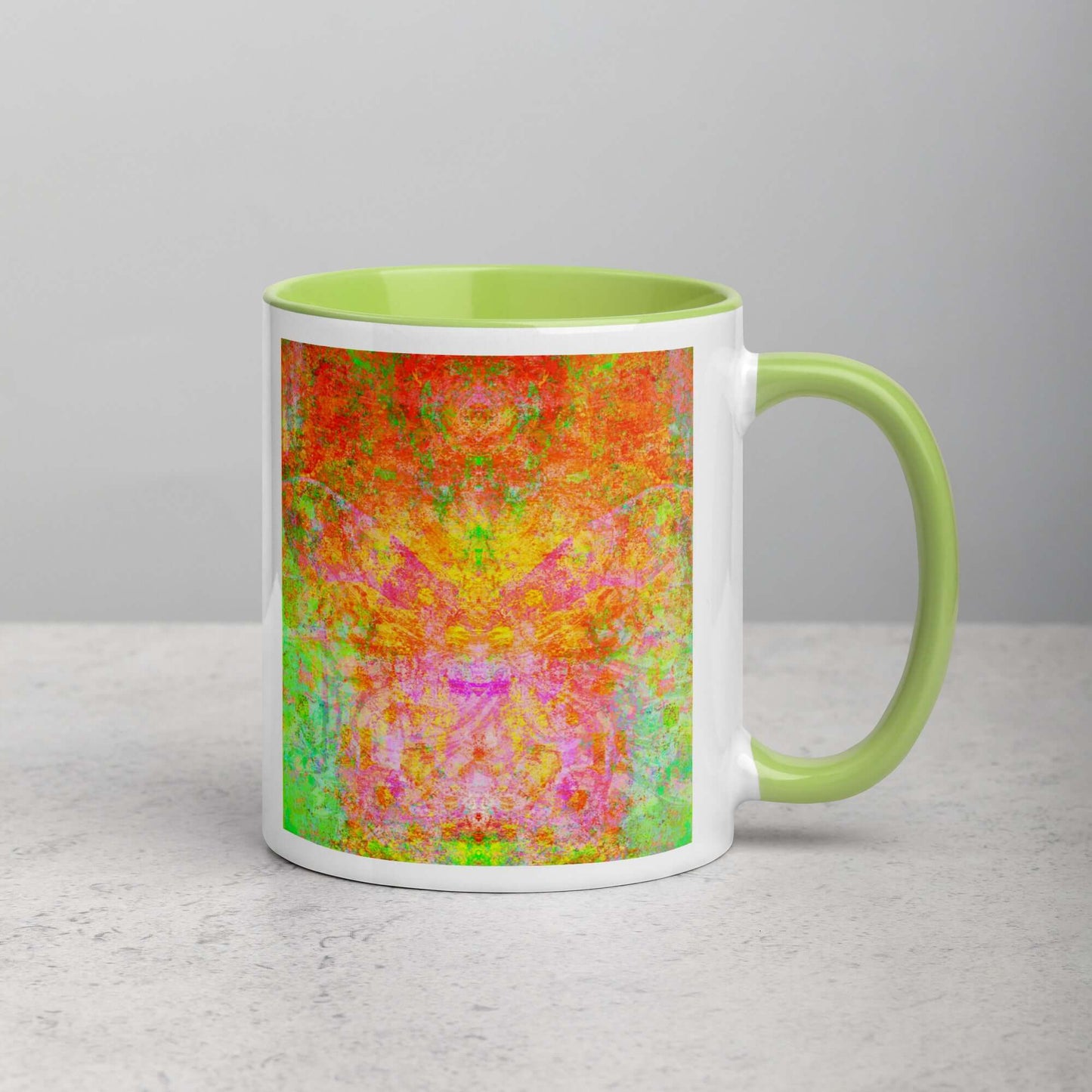 Green and Orange Butterfly Shaped “Firefly” Abstract Art Mug with Lime Green Color Inside Right Handed Front View