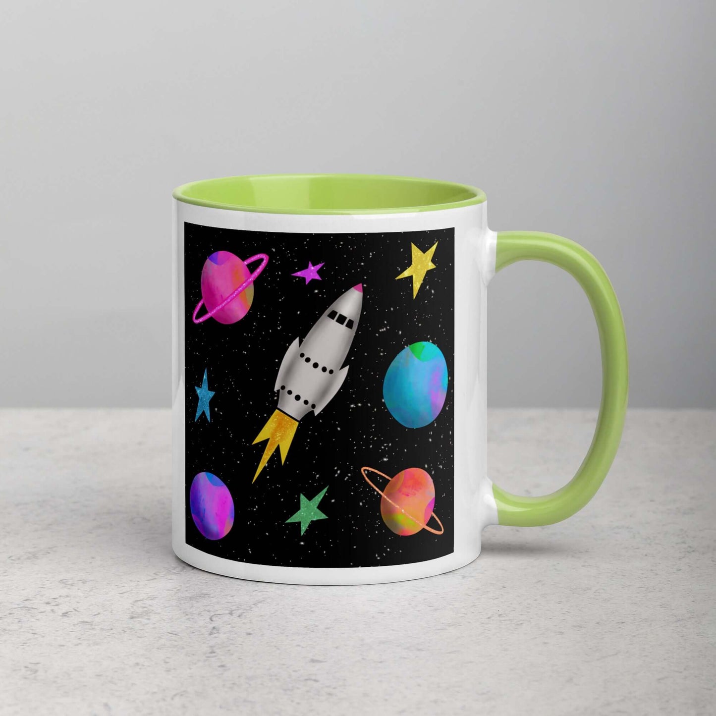 Whimsical Space Rocket with Colorful Planets and Stars on Black Background “Space Rockets” Mug with Lime Green Color Inside Right Handed Front View