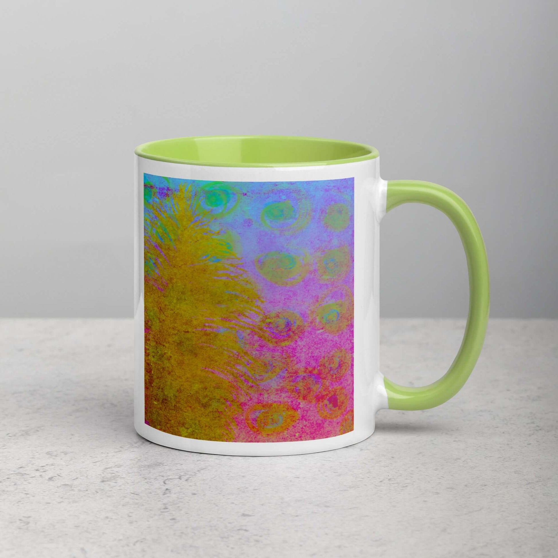 Golden Feather Pink and Blue “Fantasia” Abstract Art Mug with Lime Green Color Inside Right Handed Front View
