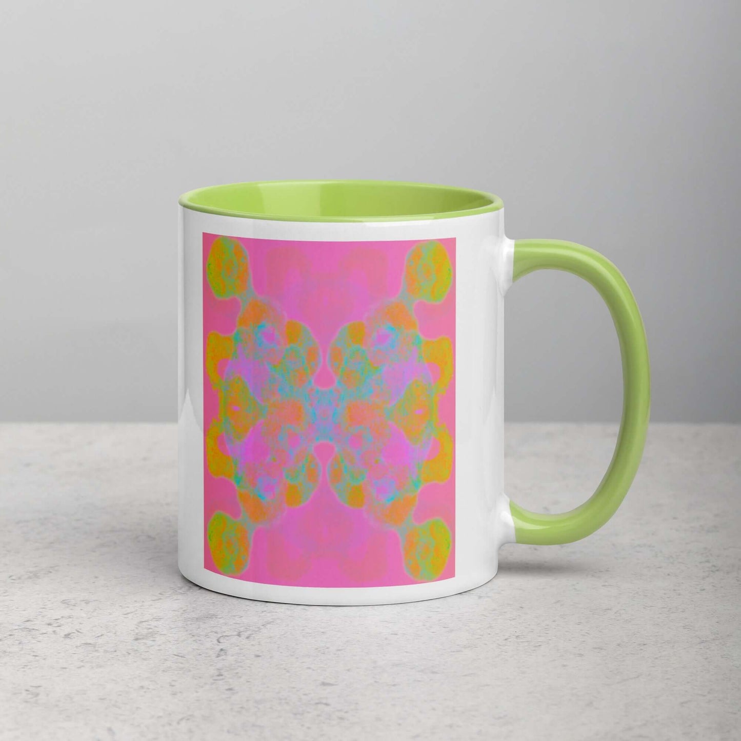 Colorful Abstract Butterfly Shape on Pink Background “Double the Fun” Abstract Art Mug with Lime Green Color Inside Right Handed Front View