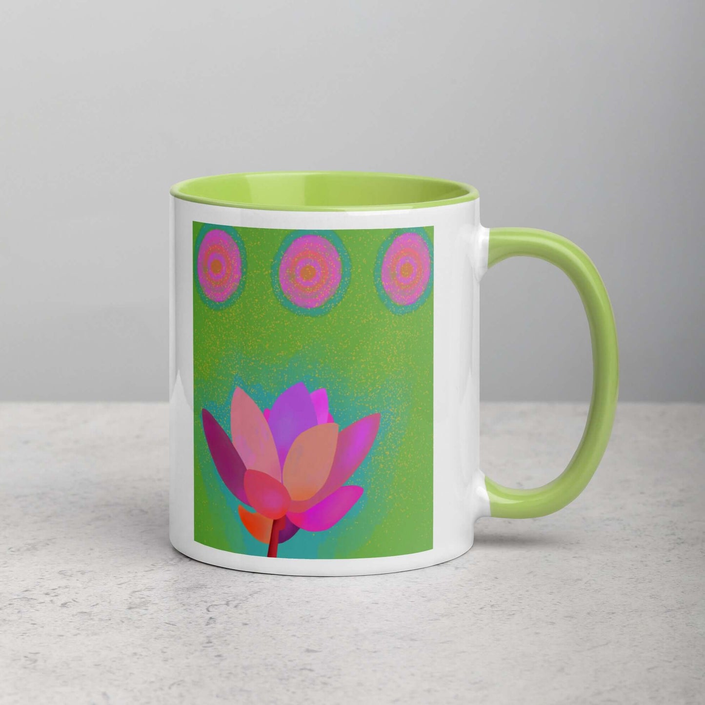 Pink Lotus Flower on Green Background “Lotus Dots” Mug with Lime Green Color Inside Right Handed Front View