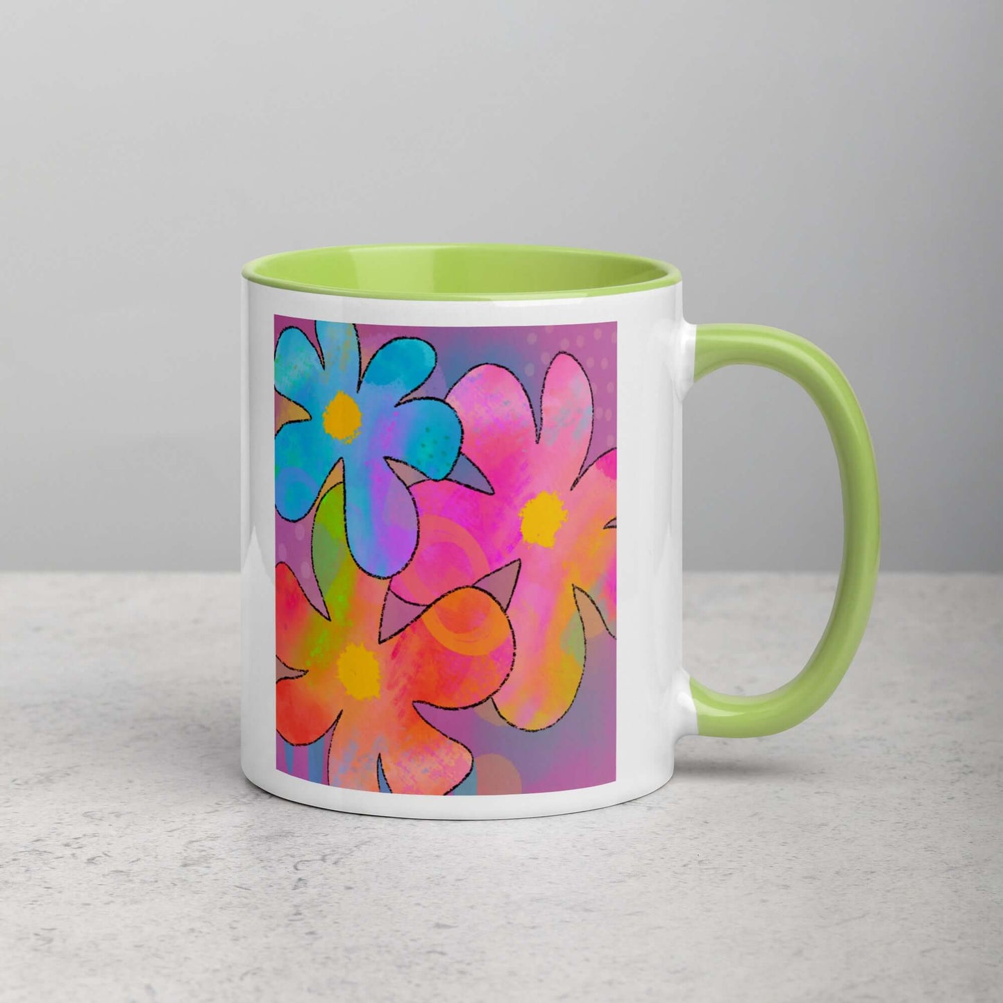 Big Colorful 1960s Psychedelic “Hippie Flowers” Mug with Lime Green Color Inside Right Handed Front View
