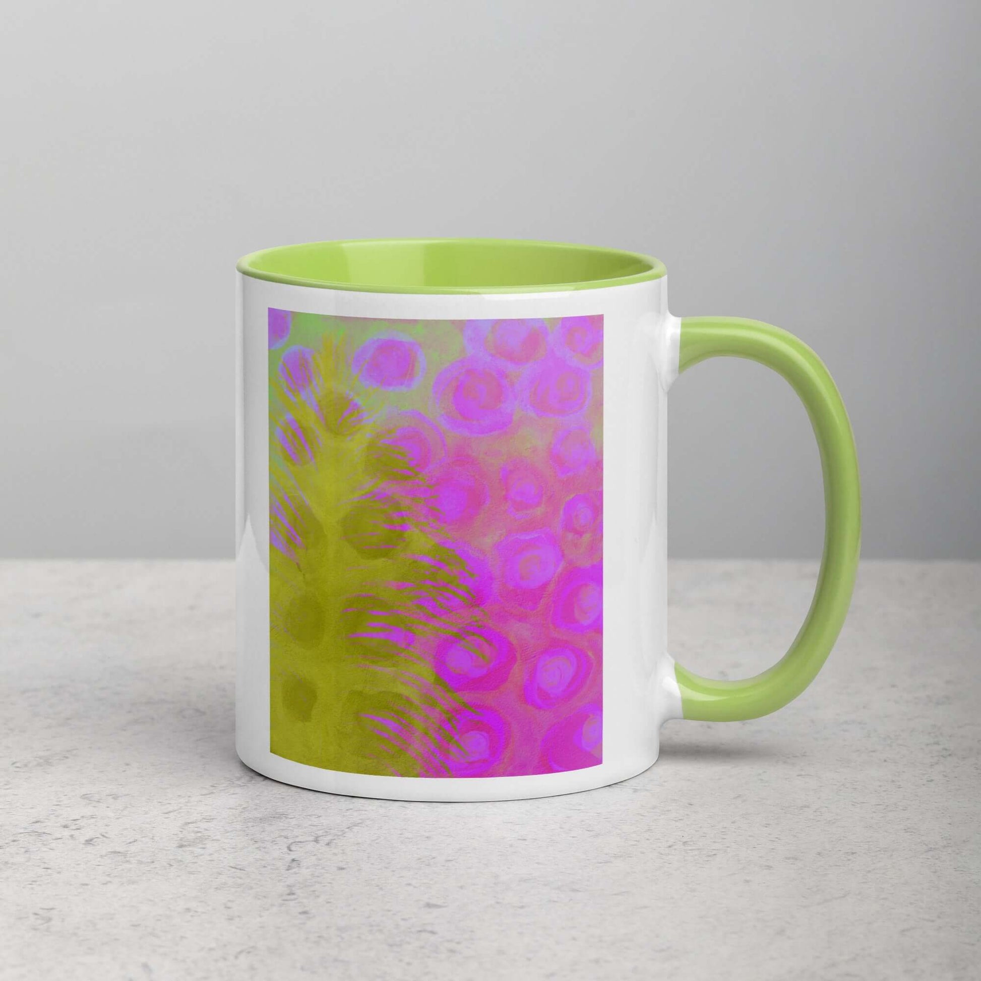 Olive Green Ostrich Feather on Pinkish-Purple Background “Olivine” Abstract Art Mug with Lime Green Color Inside Right Handed Front View