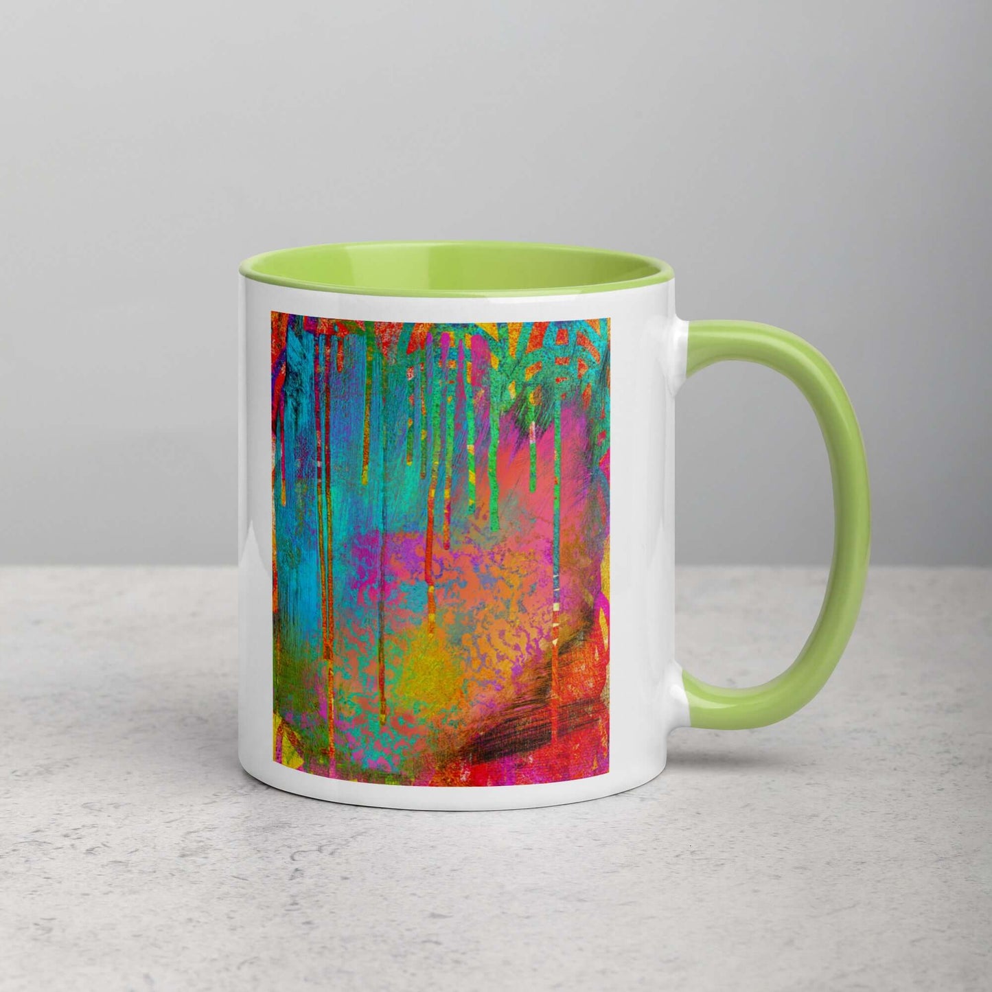 Paint Drips on Colorful Background “Into the Beyond” Abstract Art Mug with Lime Green Color Inside Right Handed Front View