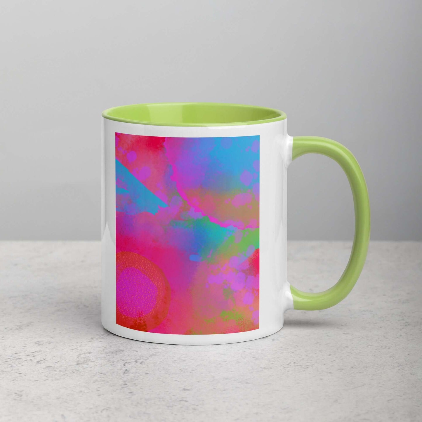 Hot Pink Intergalactic “Between Worlds” Abstract Art Mug with Lime Green Color Inside Right Handed Front View