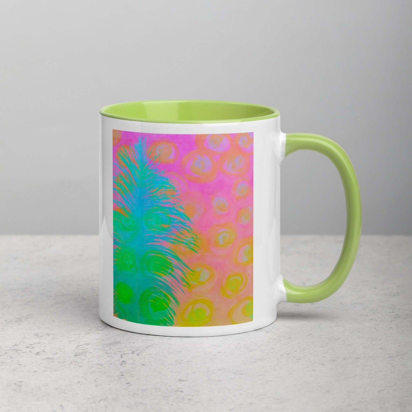 Bright Blue-Green Ostrich Feather on Pink and Yellow Background “My Other Half” Abstract Art Mug with Lime Green Color Inside Right Handed Front View