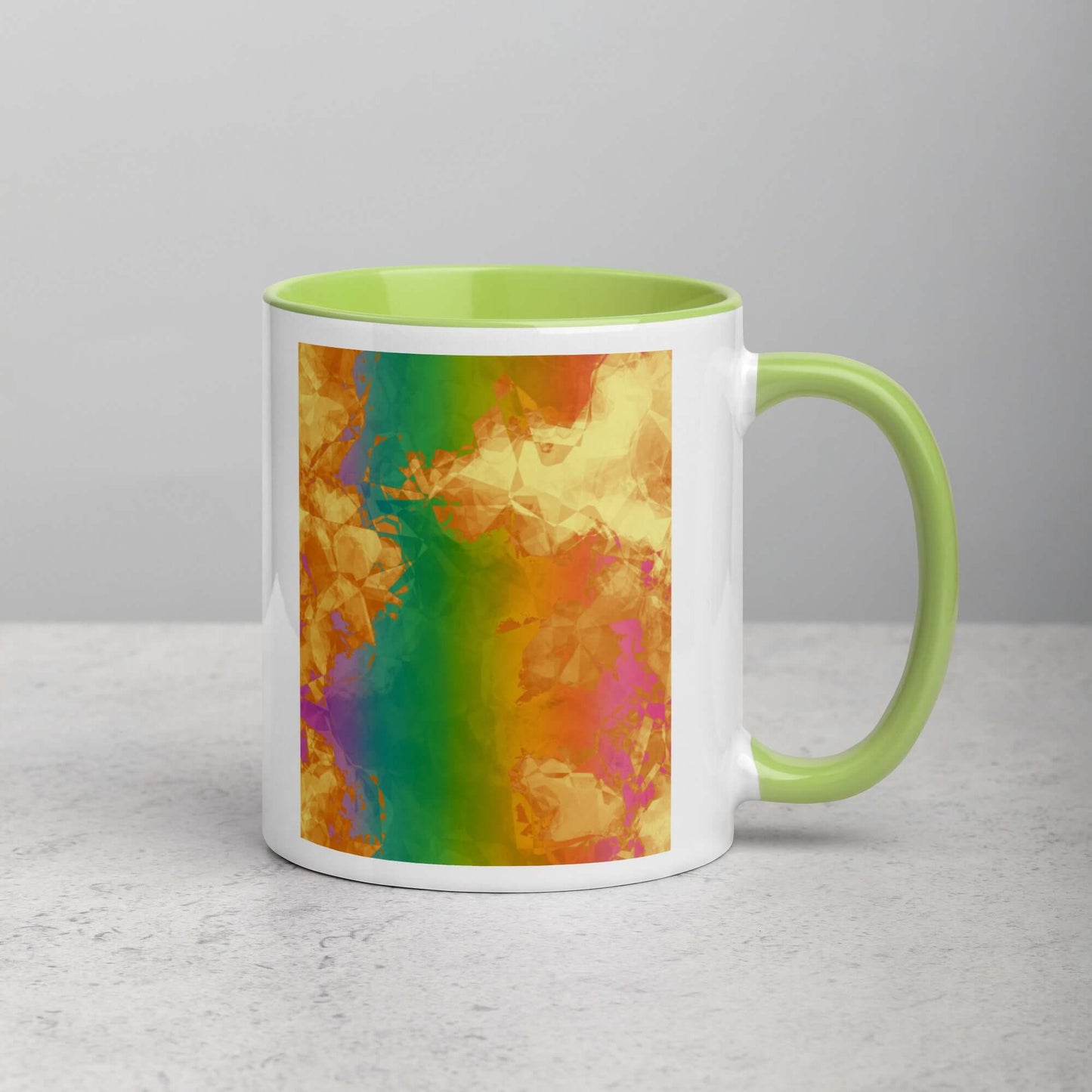 Fiery Rainbow “Rainbow Geode” Abstract Art Mug with Lime Green Color Inside Right Handed Front View