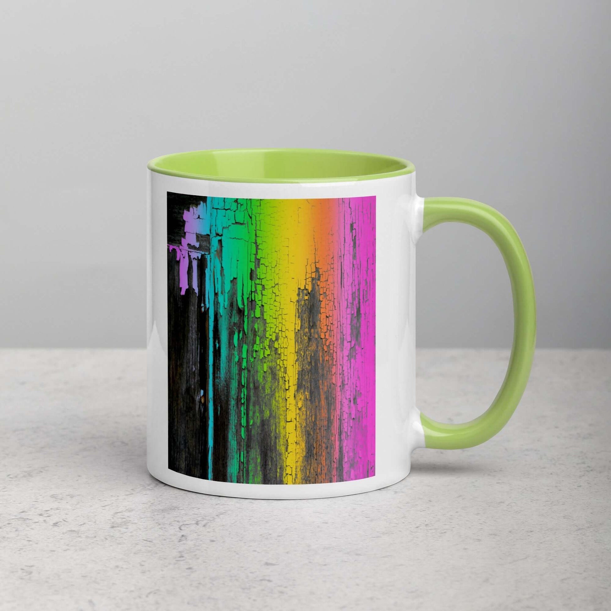 Rainbow Paint Drips on Old Wood “Rainbow Crackle” Mug with Lime Green Color Inside Right Handed Front View