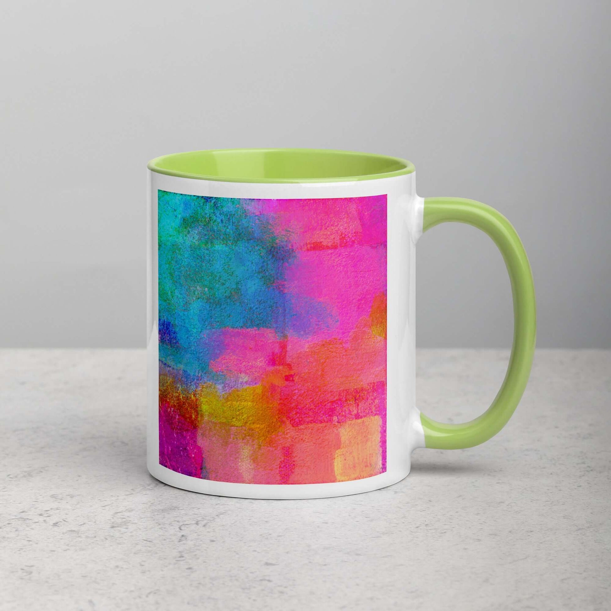 Bold Pink and Blue “Monaco” Abstract Art Mug with Lime Green Color Inside Right Handed Front View