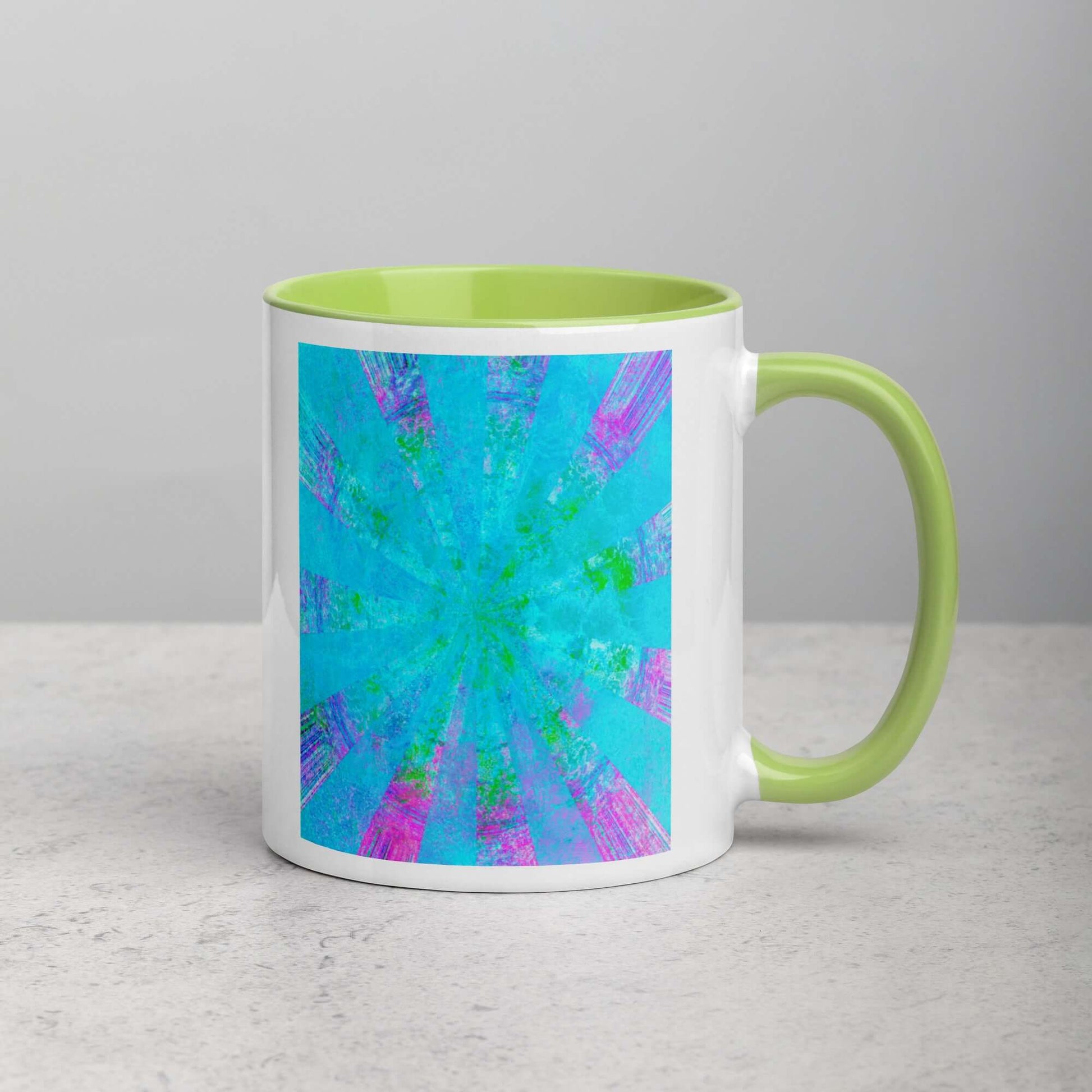 Turquoise Blue with Purple Radial “Blue Stingray” Abstract Art Mug with LimeGreen Color Inside Right Handed Front View