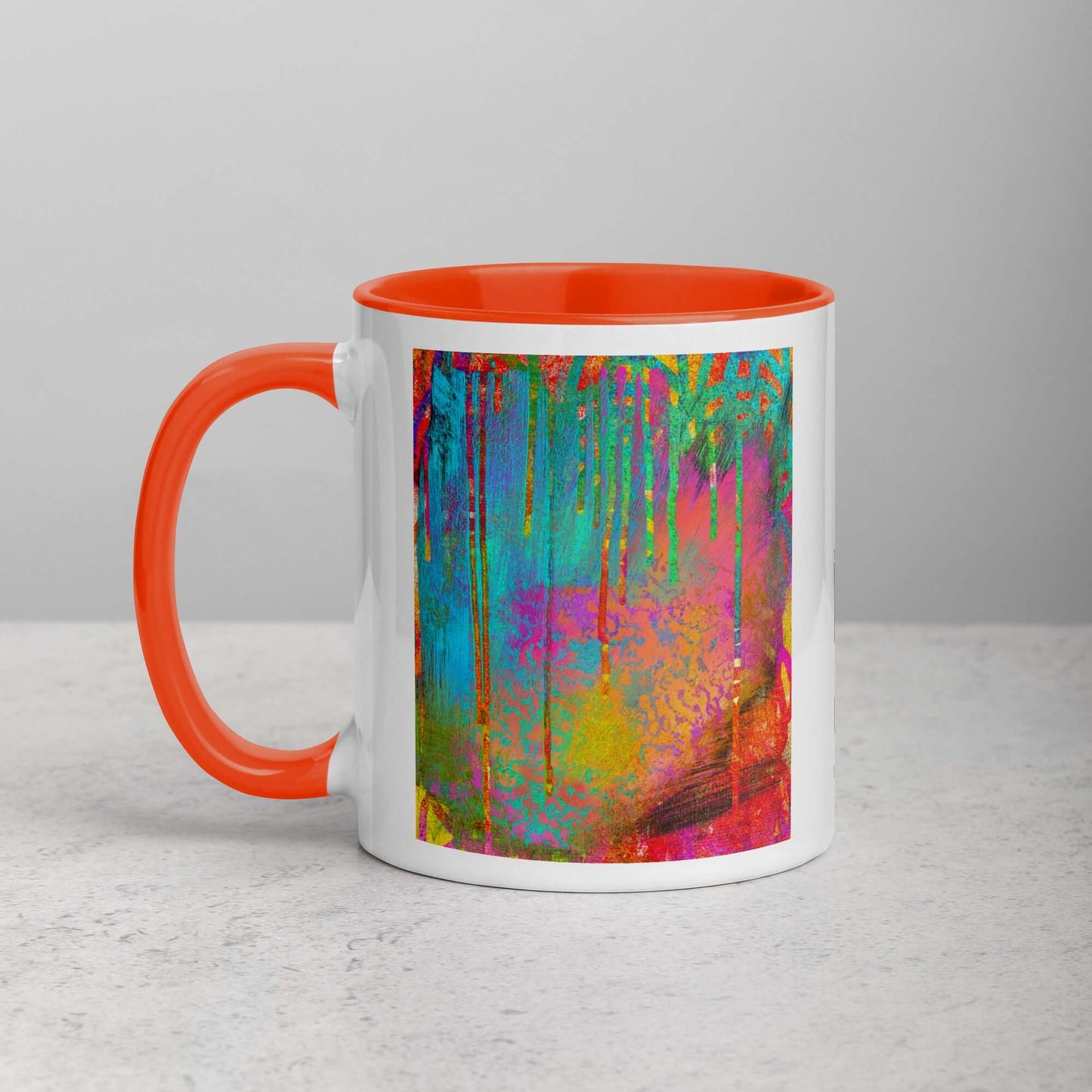 Paint Drips on Colorful Background “Into the Beyond” Abstract Art Mug with Deep Orange Color Inside Left Handed Front View