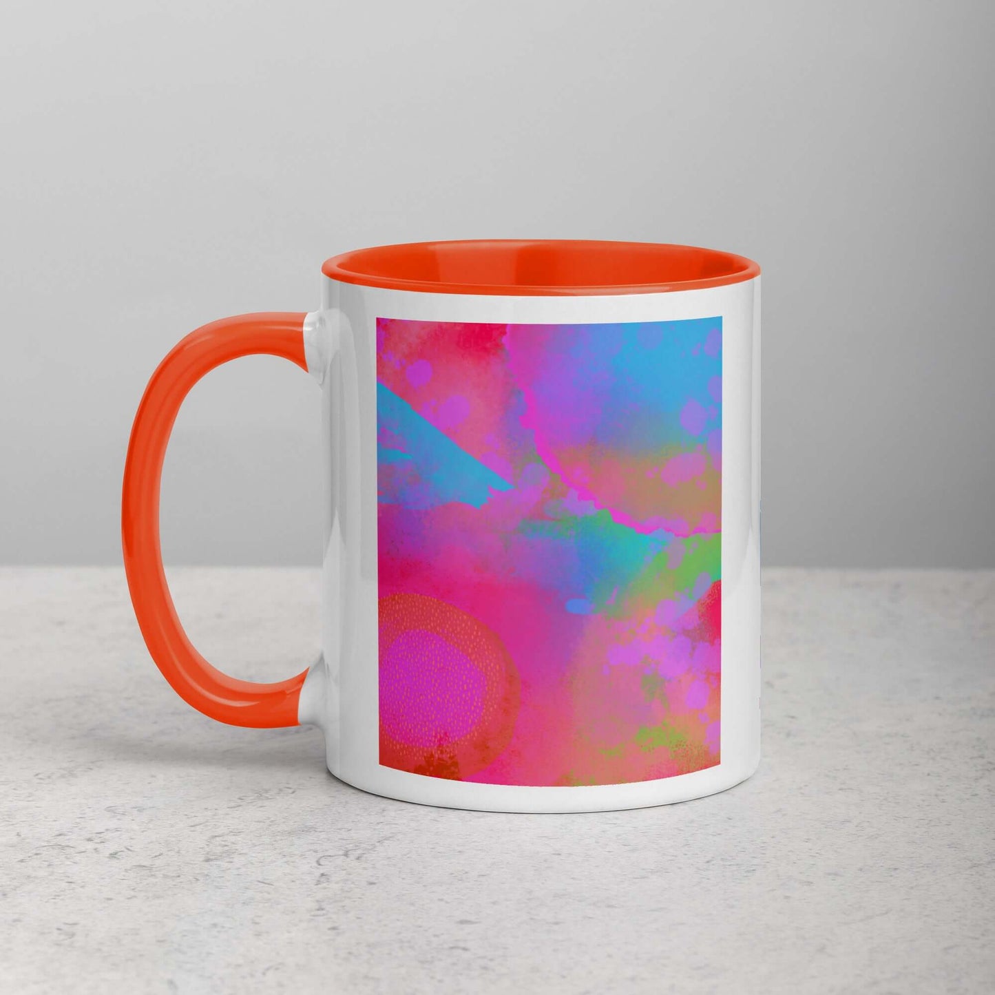 Hot Pink Intergalactic “Between Worlds” Abstract Art Mug with Deep Orange Color Inside Left Handed Front View