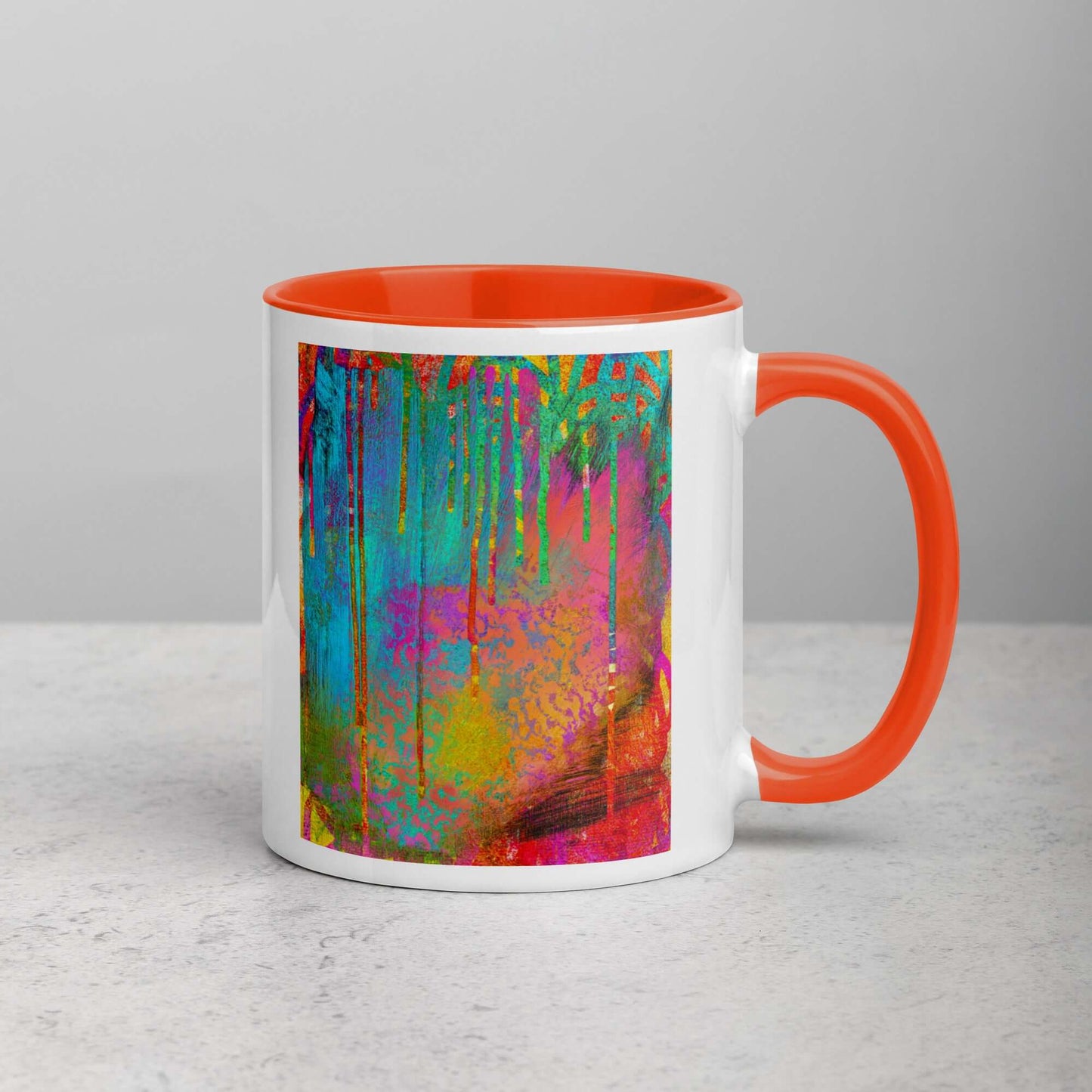 Paint Drips on Colorful Background “Into the Beyond” Abstract Art Mug with Deep Orange Color Inside Right Handed Front View