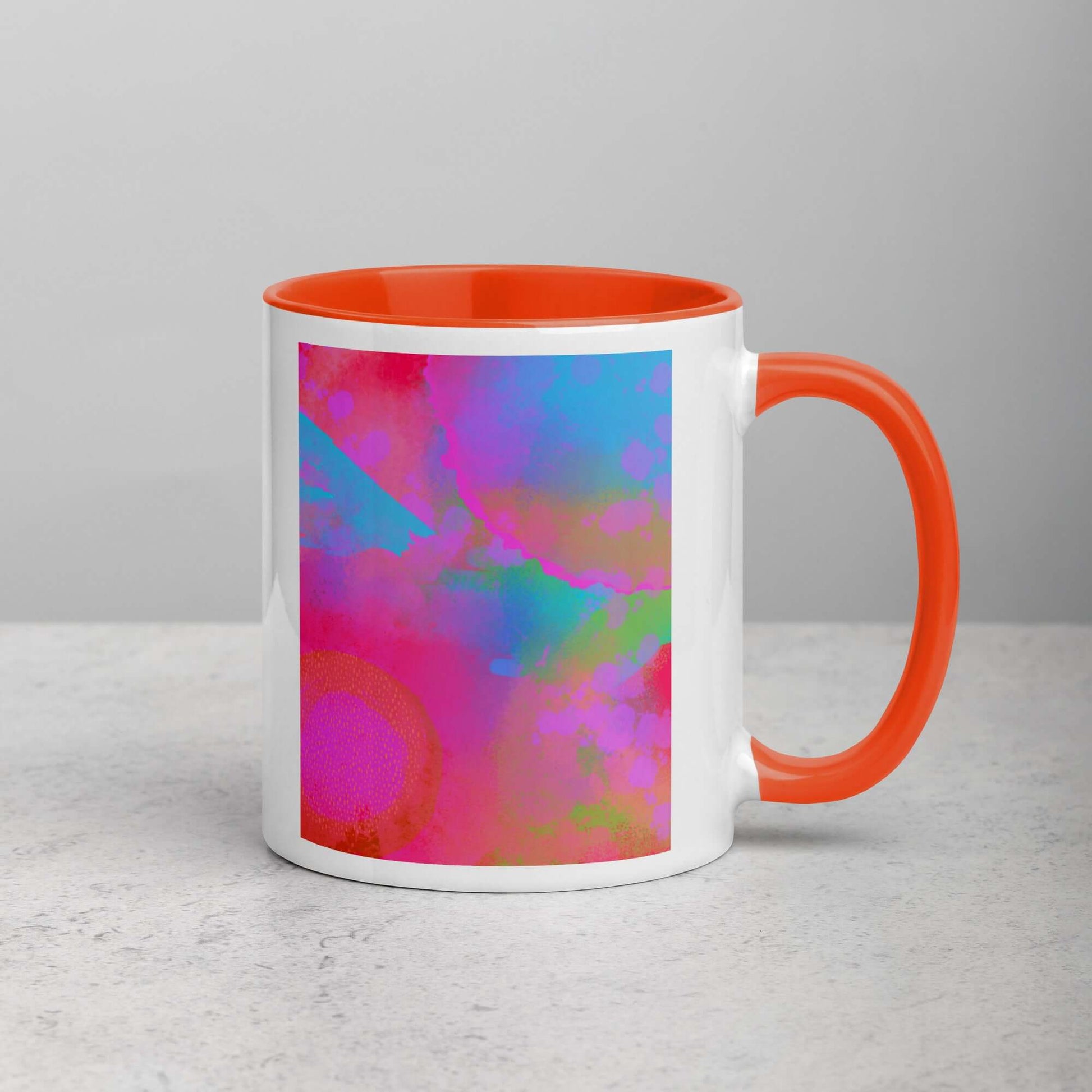 Hot Pink Intergalactic “Between Worlds” Abstract Art Mug with Deep Orange Color Inside Right Handed Front View