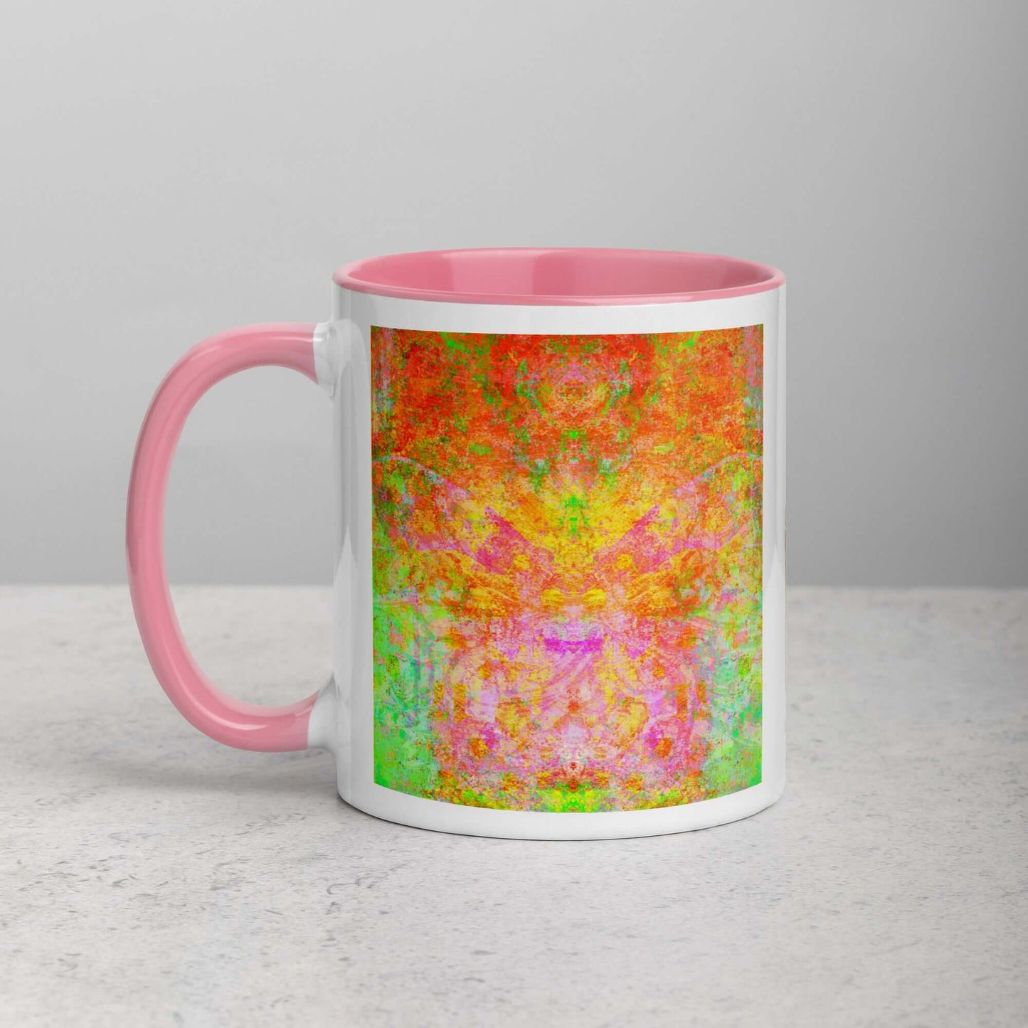 Green and Orange Butterfly Shaped “Firefly” Abstract Art Mug with Light Pink Color Inside Left Handed Front View