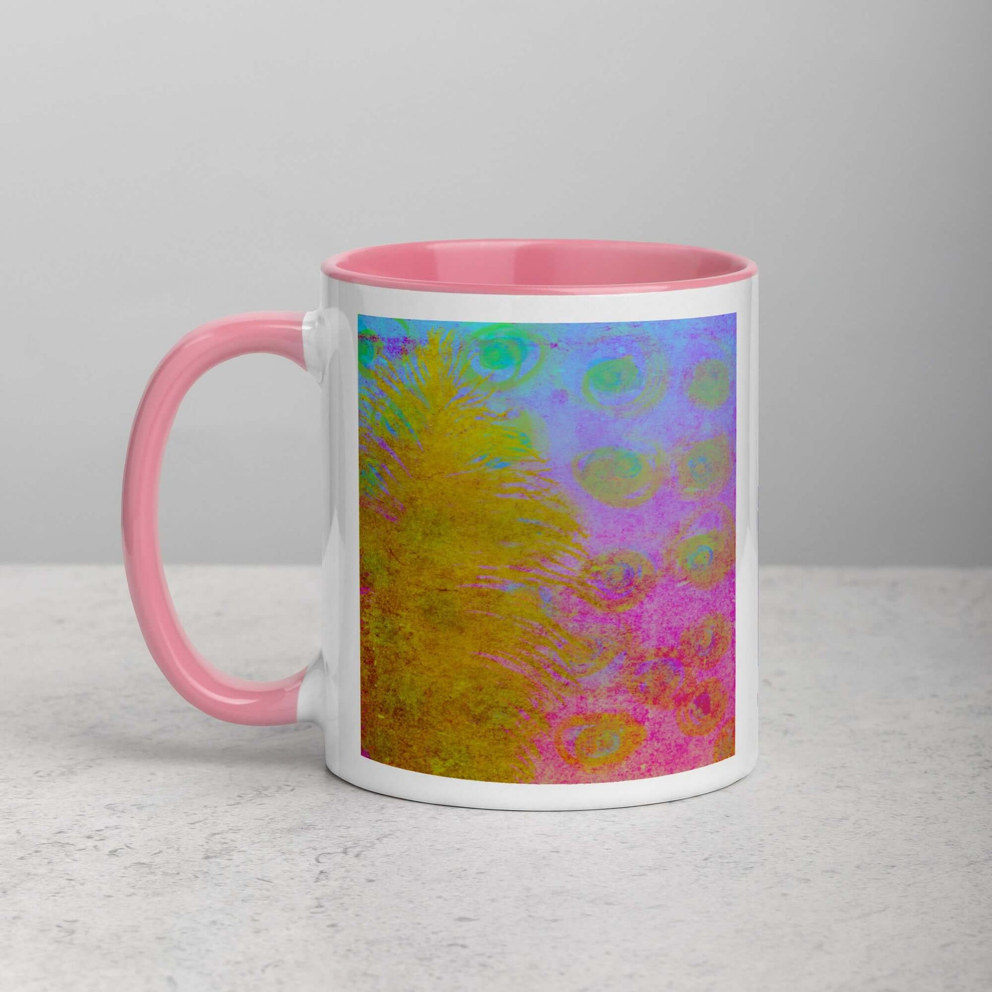 Golden Feather Pink and Blue “Fantasia” Abstract Art Mug with Light Pink Color Inside Left Handed Front View