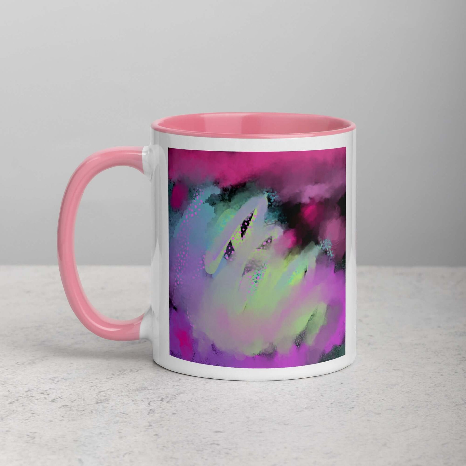 Magenta, Mint Green and Purples “Viva Magenta” Abstract Art Mug with Light Pink Color Inside Left Handed Front View