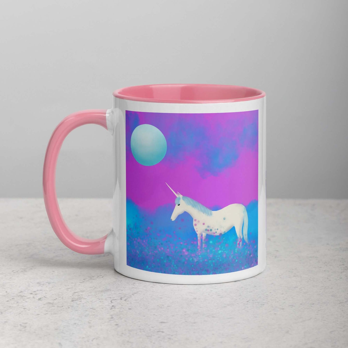 Blue and Purple Unicorn in the Mist with Full Moon “Mystical Unicorn” Mug with Light Pink Color Inside Left Handed Front View