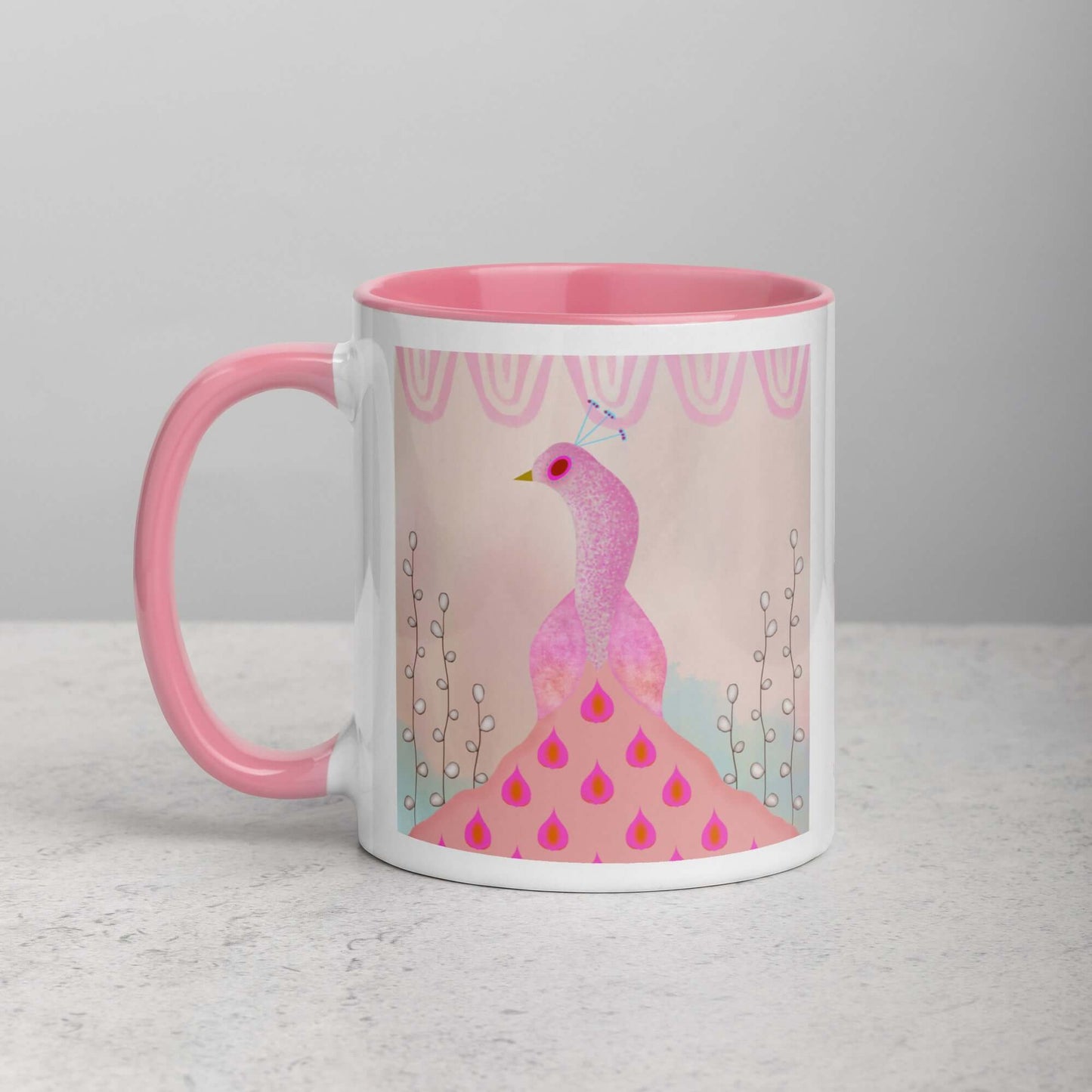 Light Pink Peacock on Beige Background with Willow Buds “Pink Peacock” Mug with Light Pink Color Inside Left Handed Front View