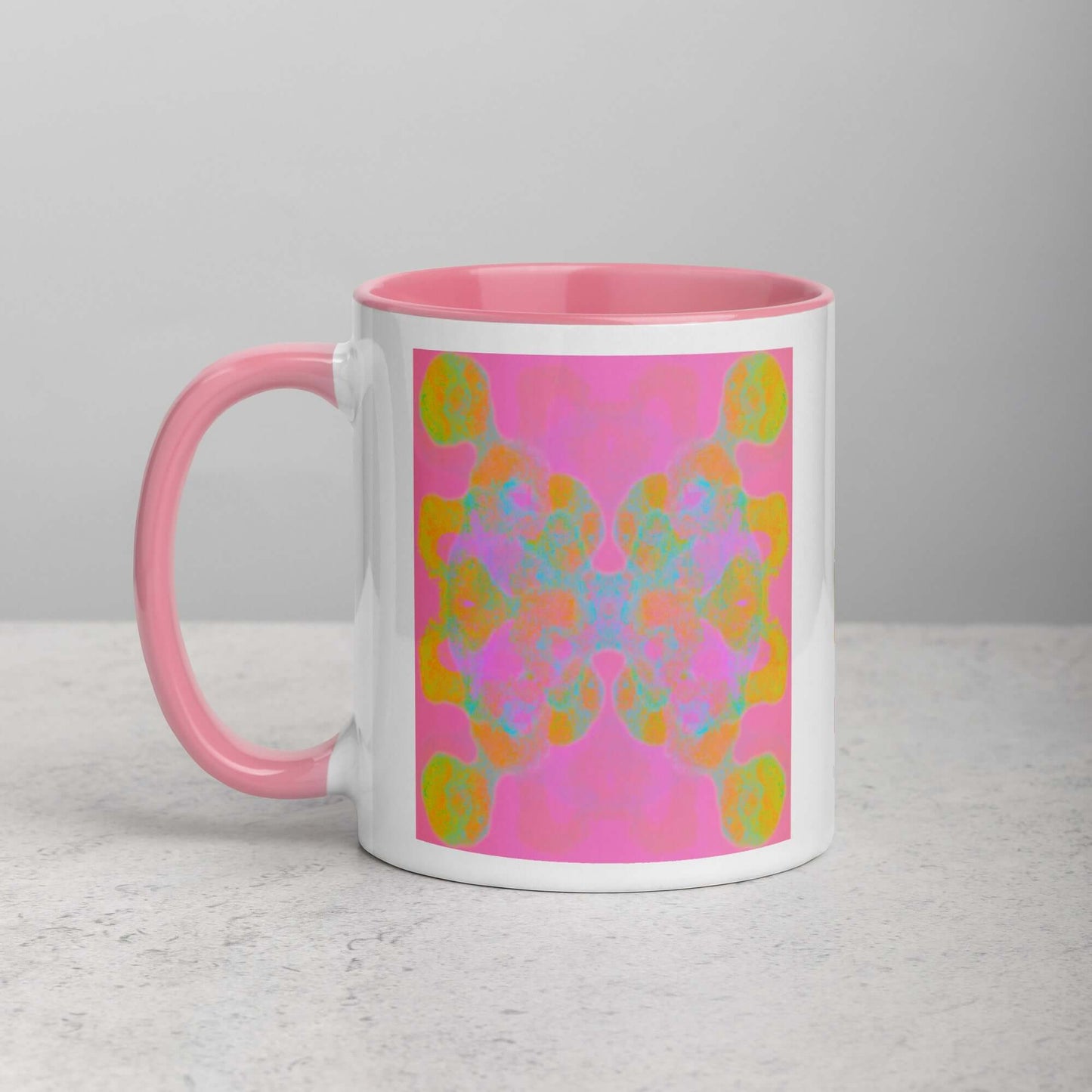 Colorful Abstract Butterfly Shape on Pink Background “Double the Fun” Abstract Art Mug with Light Pink Color Inside Left Handed Front View