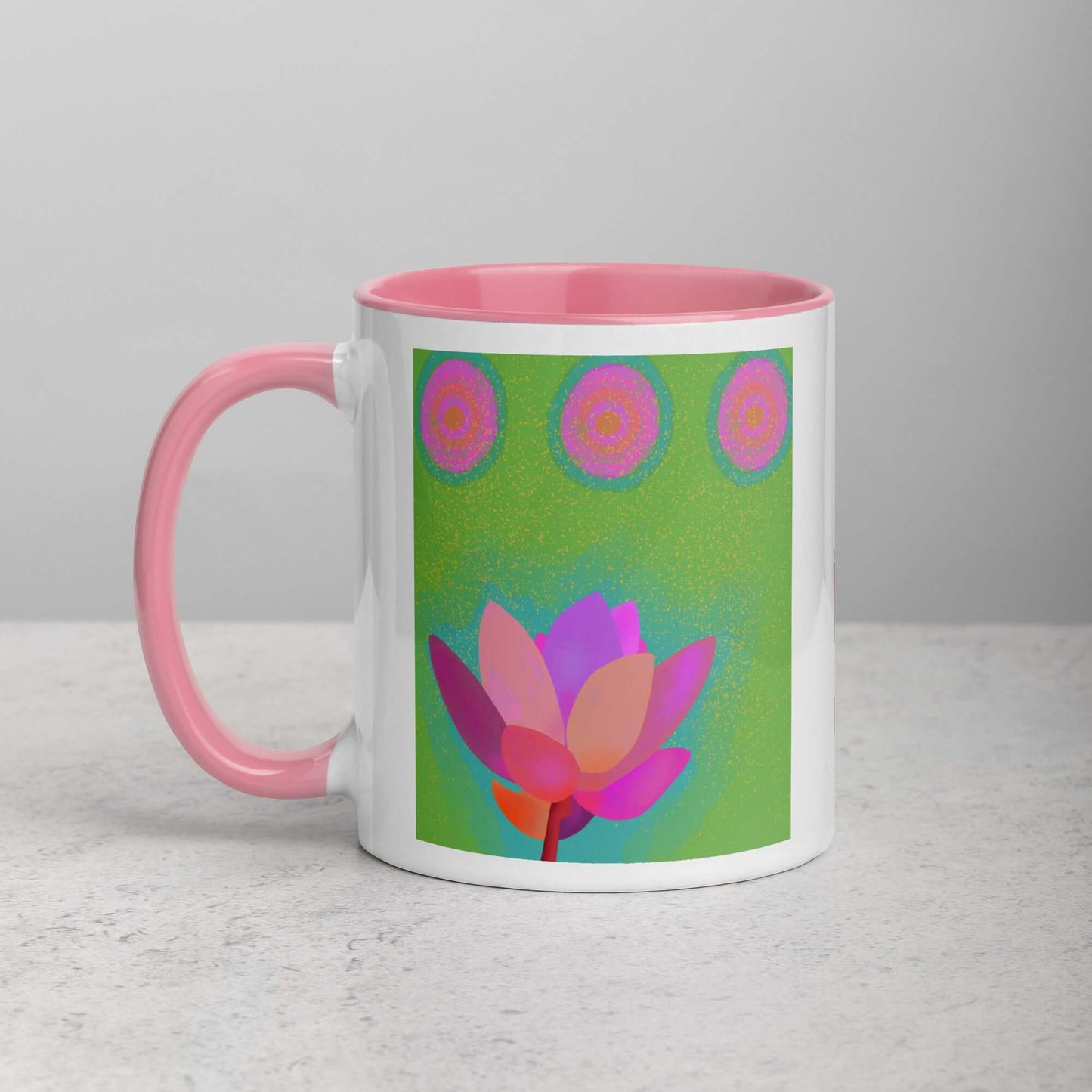 Pink Lotus Flower on Green Background “Lotus Dots” Mug with Light Pink Color Inside Left Handed Front View