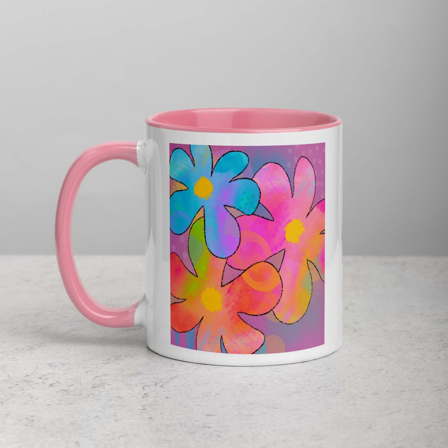 Big Colorful 1960s Psychedelic “Hippie Flowers” Mug with Light Pink Color Inside Left Handed Front View
