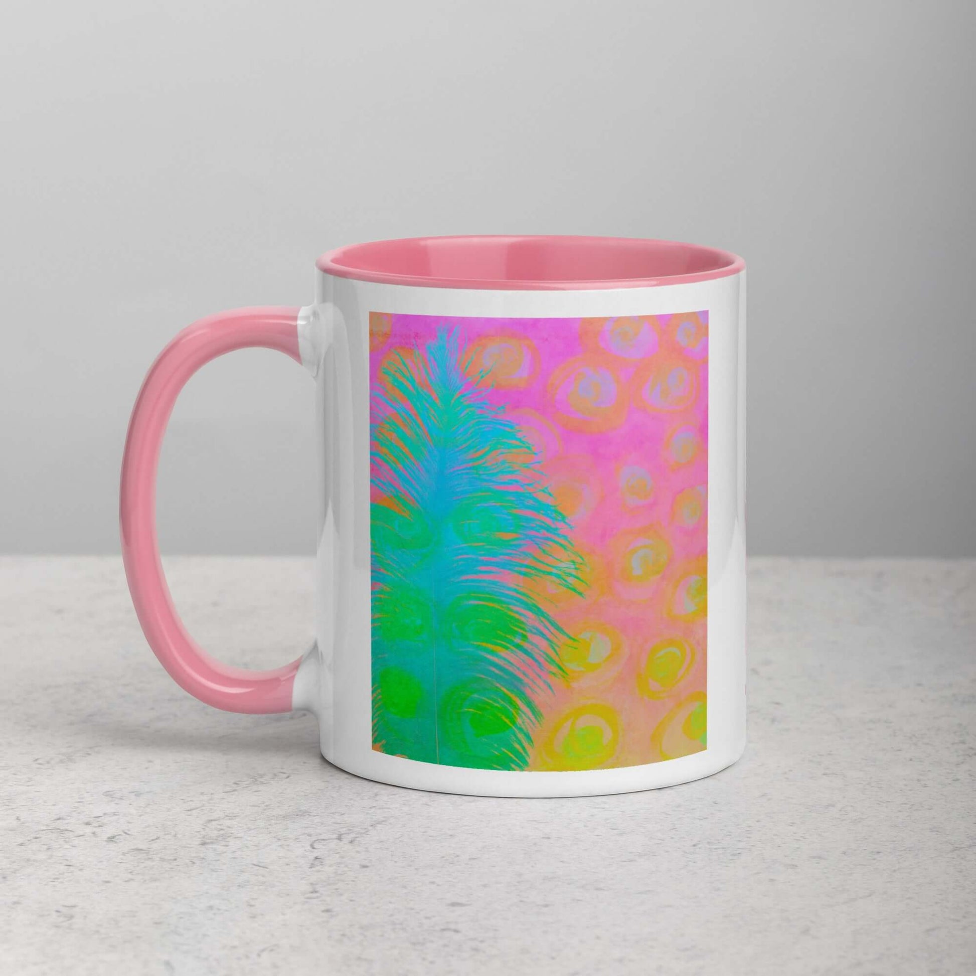 Bright Blue-Green Ostrich Feather on Pink and Yellow Background “My Other Half” Abstract Art Mug with Light Pink Color Inside Left Handed Front View