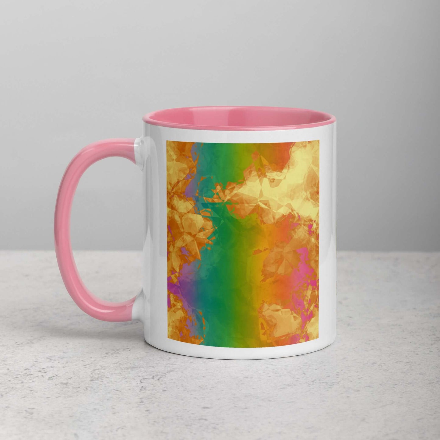 Fiery Rainbow “Rainbow Geode” Abstract Art Mug with Light Pink Color Inside Left Handed Front View