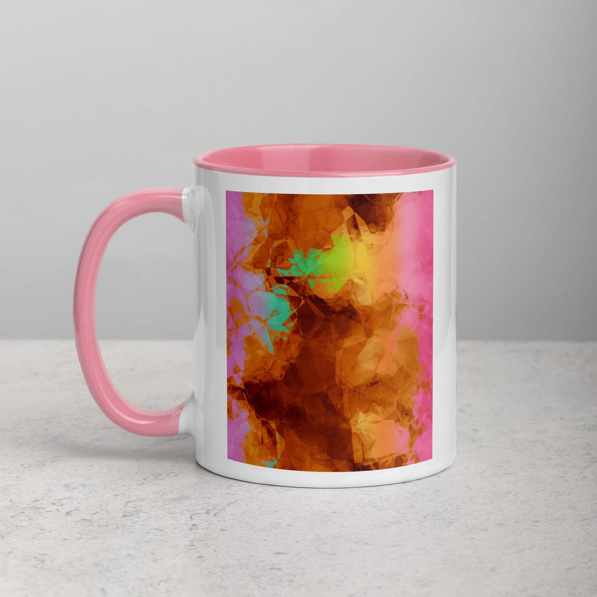 Abstract Smoky Rainbow on Brown Background “Burnt Rainbow Crumple” Abstract Art Mug with Light Pink Color Inside Left Handed Front View