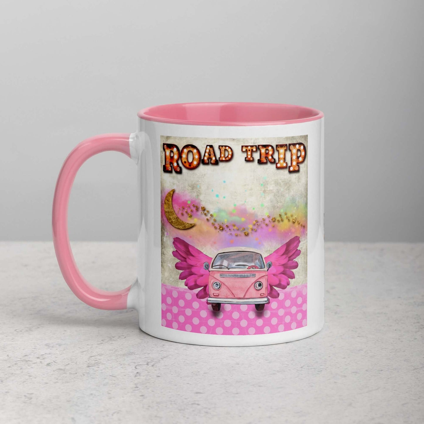 Pink Camper Van in Rainbow Clouds with Moon and Stars “Road Trip” Mug with Light Pink Color Inside Left Handed Front View
