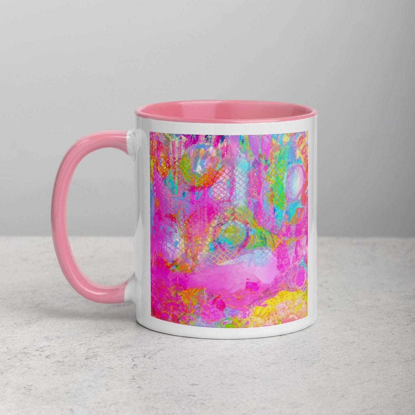  Drippy Pink “Candyland” Abstract Art Mug with Light Pink Color Inside Left Handed Front View