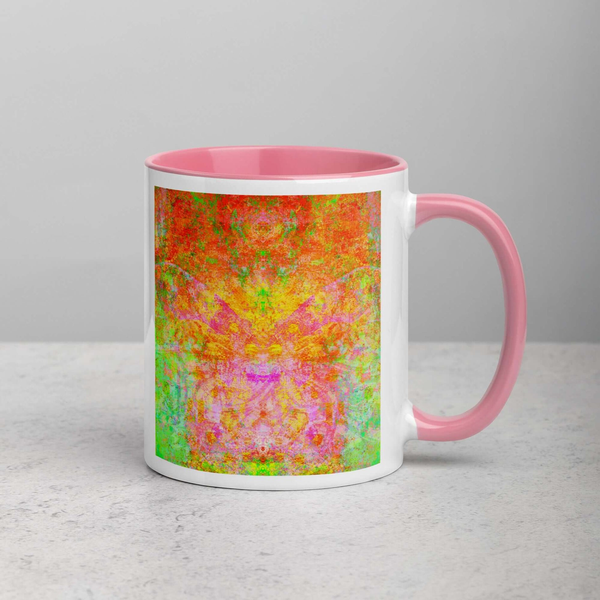 Green and Orange Butterfly Shaped “Firefly” Abstract Art Mug with Light Pink Color Inside Right Handed Front View