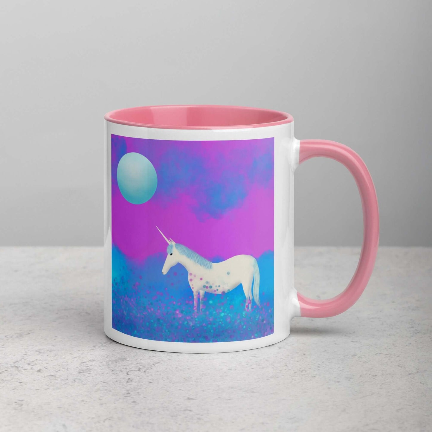 Blue and Purple Unicorn in the Mist with Full Moon “Mystical Unicorn” Mug with Light Pink Color Inside Right Handed Front View