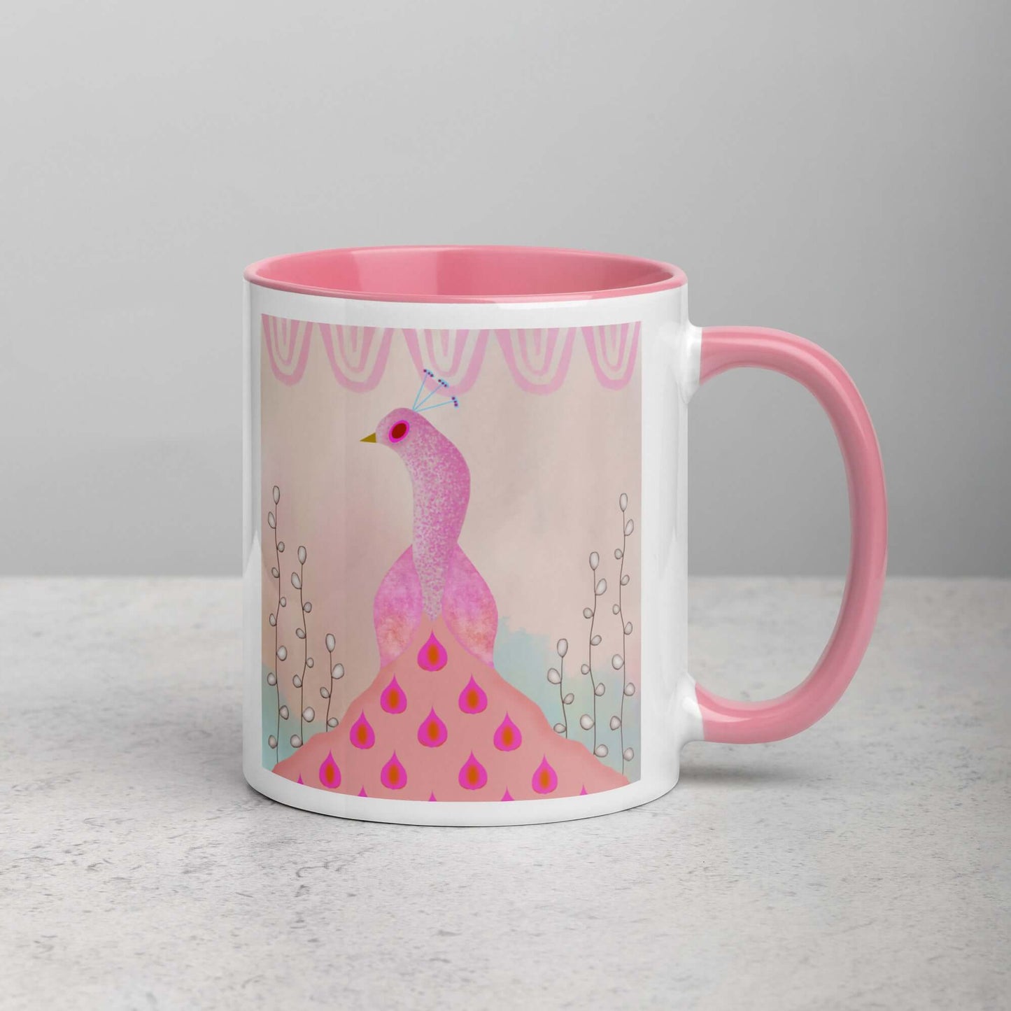 Light Pink Peacock on Beige Background with Willow Buds “Pink Peacock” Mug with Light Pink Color Inside Right Handed Front View