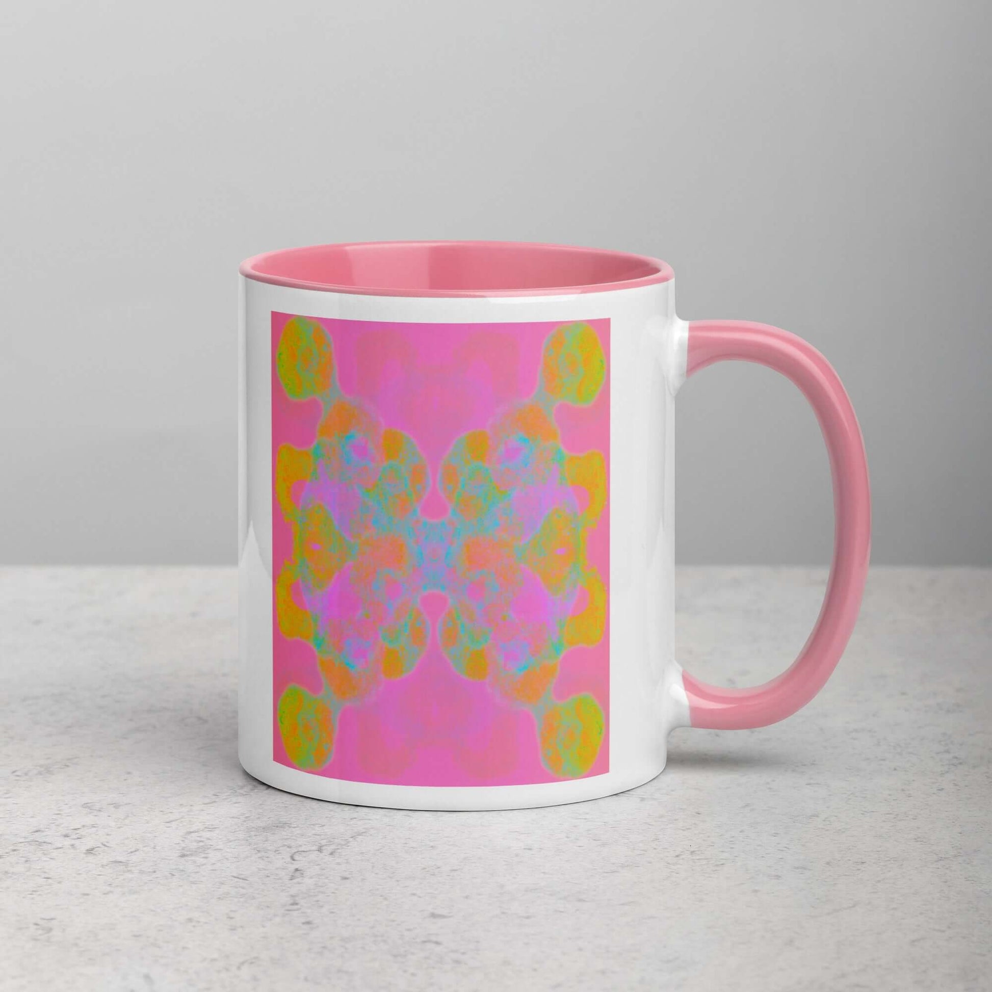 Colorful Abstract Butterfly Shape on Pink Background “Double the Fun” Abstract Art Mug with Light Pink Color Inside Right Handed Front View
