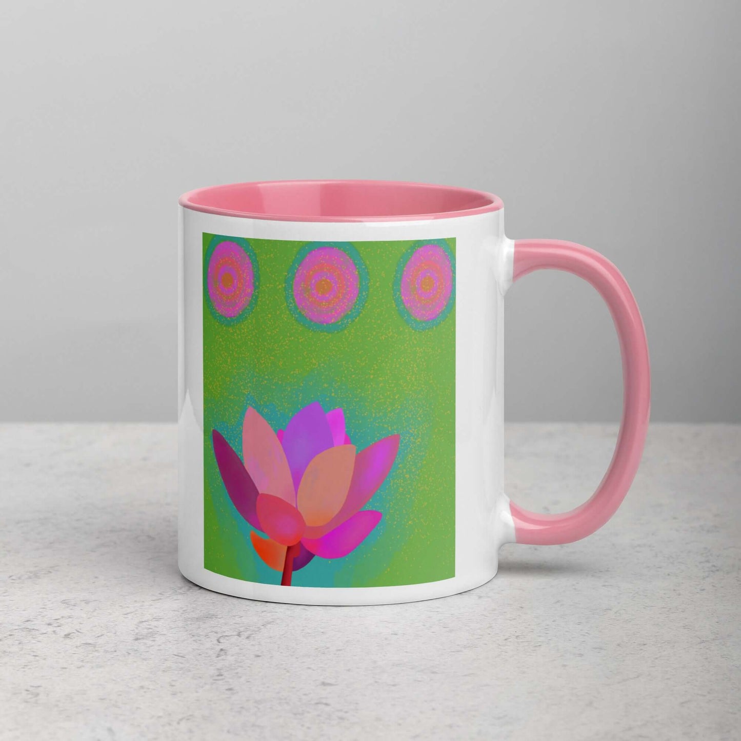 Pink Lotus Flower on Green Background “Lotus Dots” Mug with Light Pink Color Inside Right Handed Front View