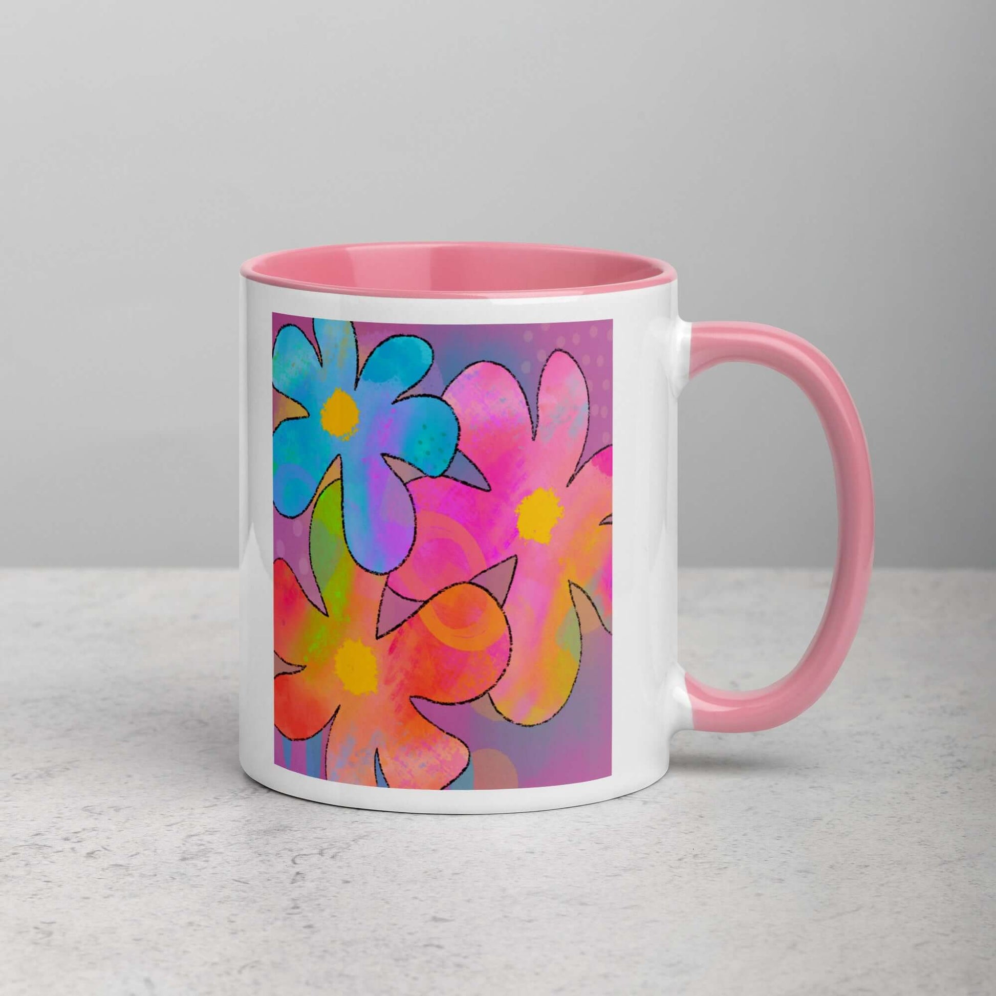 Big Colorful 1960s Psychedelic “Hippie Flowers” Mug with Light Pink Color Inside Right Handed Front View