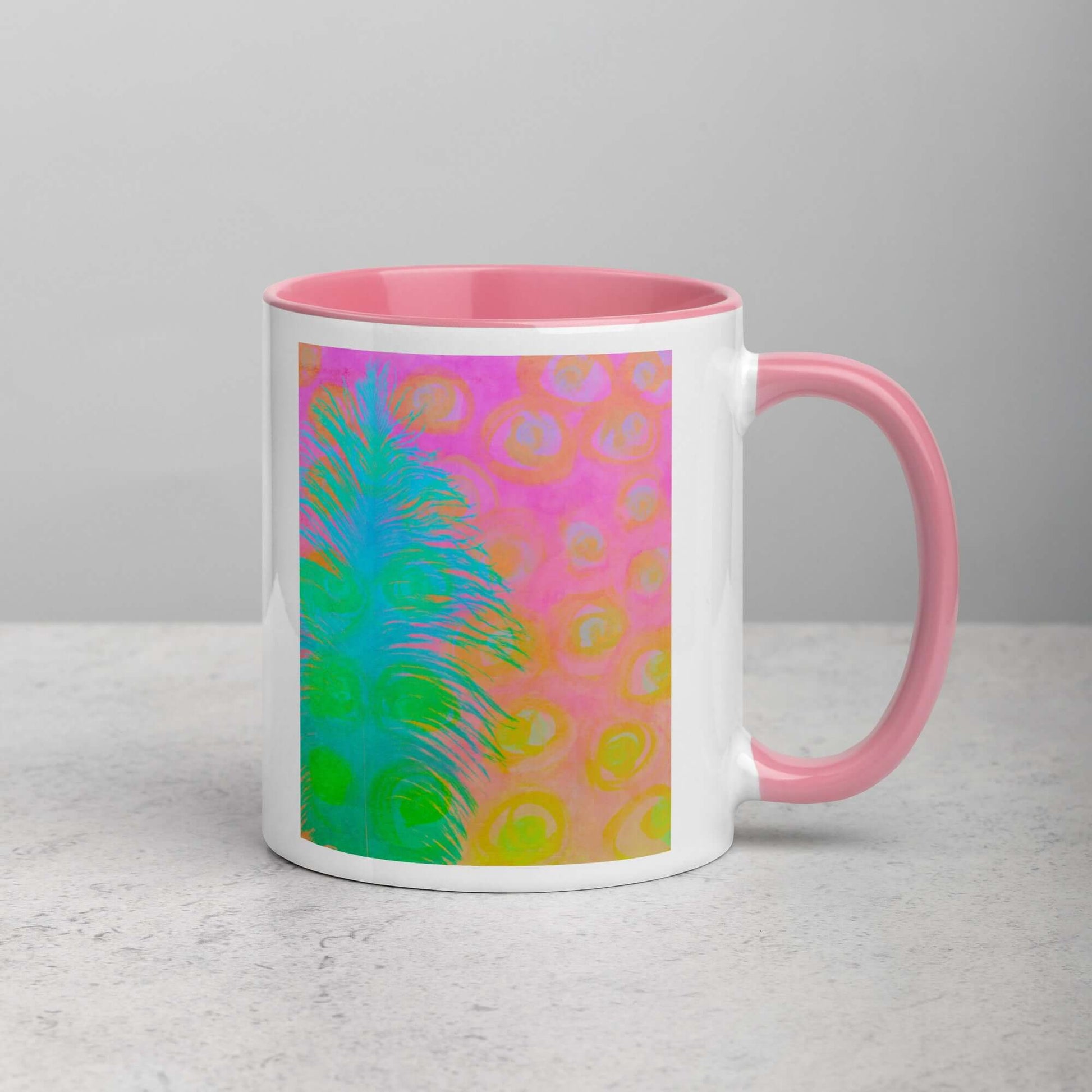 Bright Blue-Green Ostrich Feather on Pink and Yellow Background “My Other Half” Abstract Art Mug with Light Pink Color Inside Right Handed Front View
